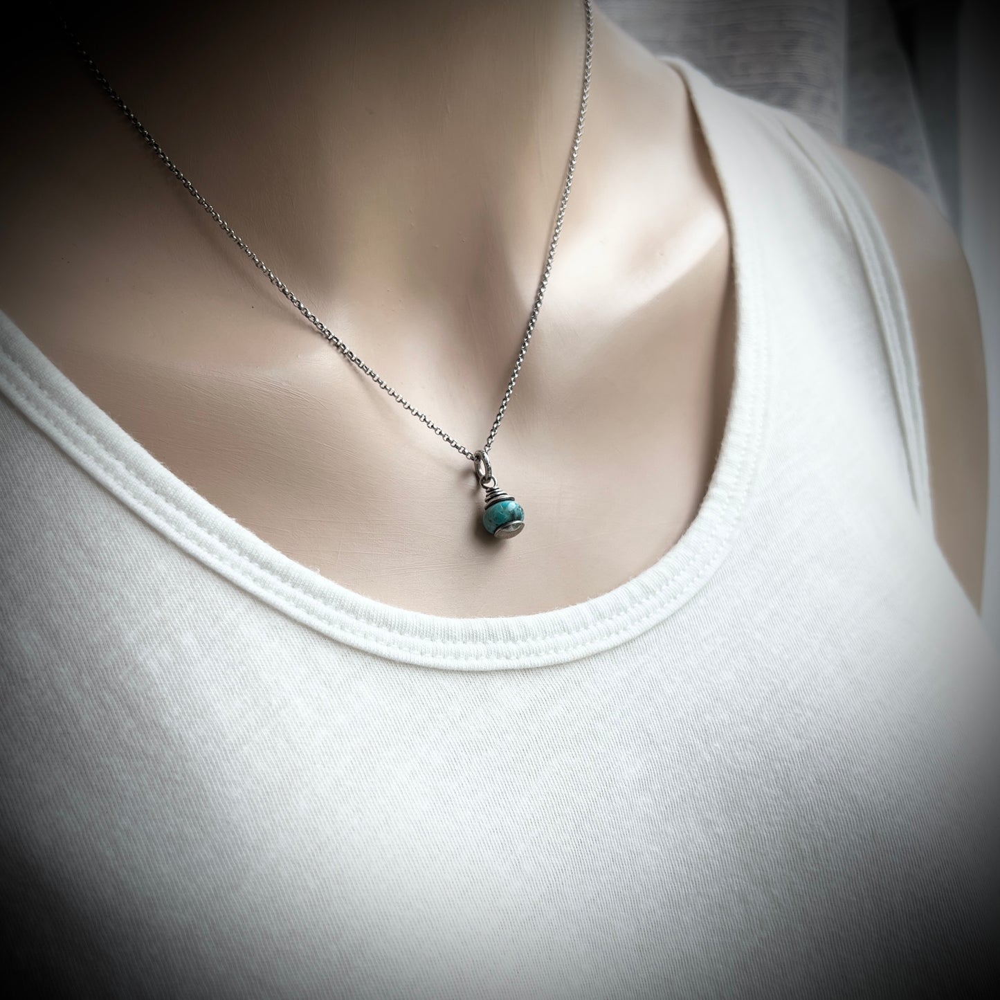 Genuine Turquoise Sterling Silver Necklace | Natural Stone Pendant on Lightweight Chain