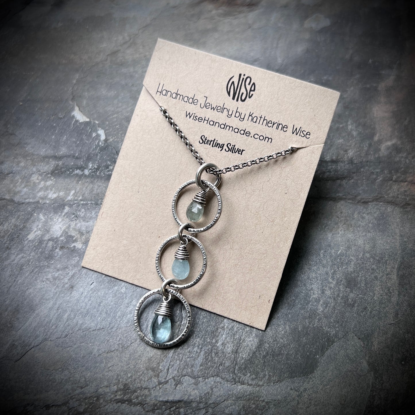 Genuine Aquamarine Sterling Silver Necklace | Aquamarine Stones in Hammered Rings Pendant
