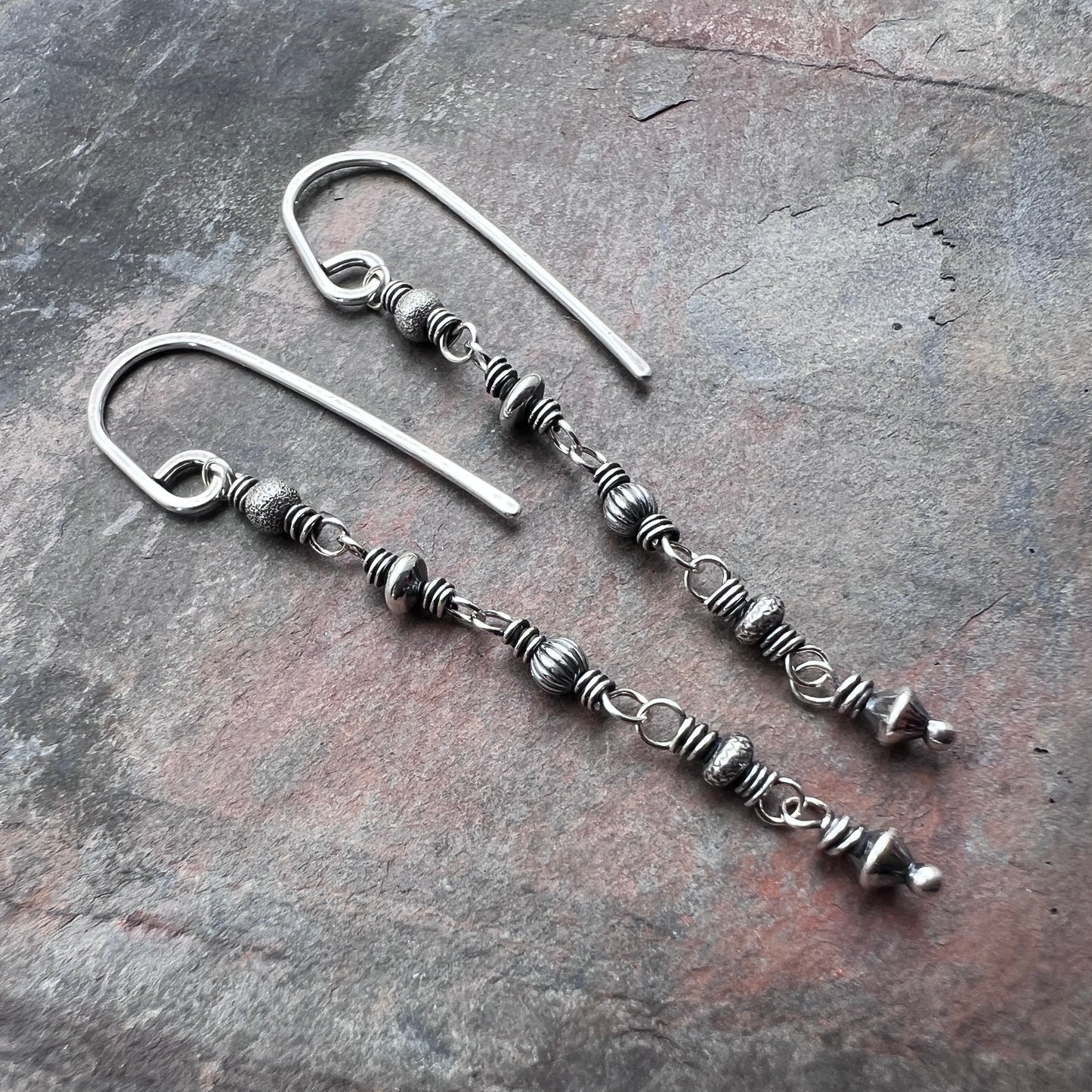 Sterling Silver Beaded Earrings | Wire-wrapped Lightweight Long Dangles