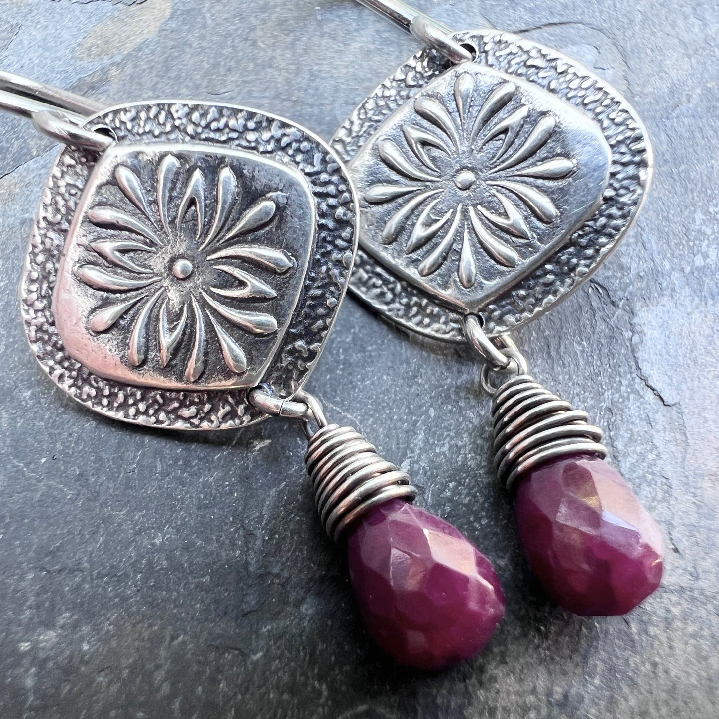Genuine Ruby Sterling Silver Earrings | Flower Medallion and Ruby Red Teardrop Dangles