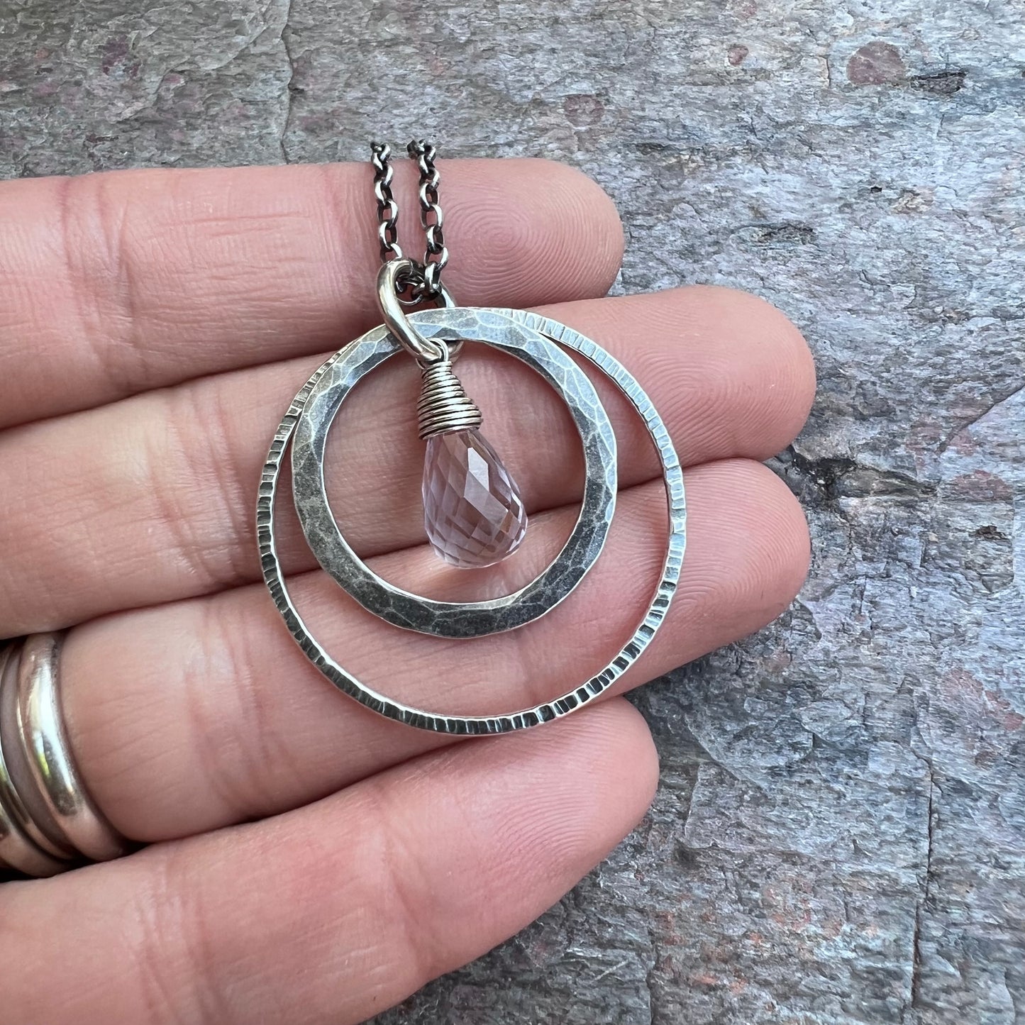 Pink Amethyst Sterling Silver Necklace - Genuine Pink Amethyst and Hammered Sterling Silver Pendant on Sterling Silver Chain