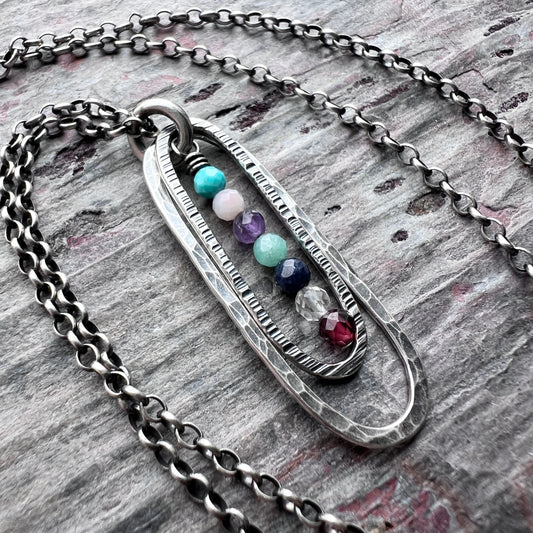 Customizable Sterling Silver Birthstone Necklace | Genuine Gemstone Hammered Long Oval Pendant