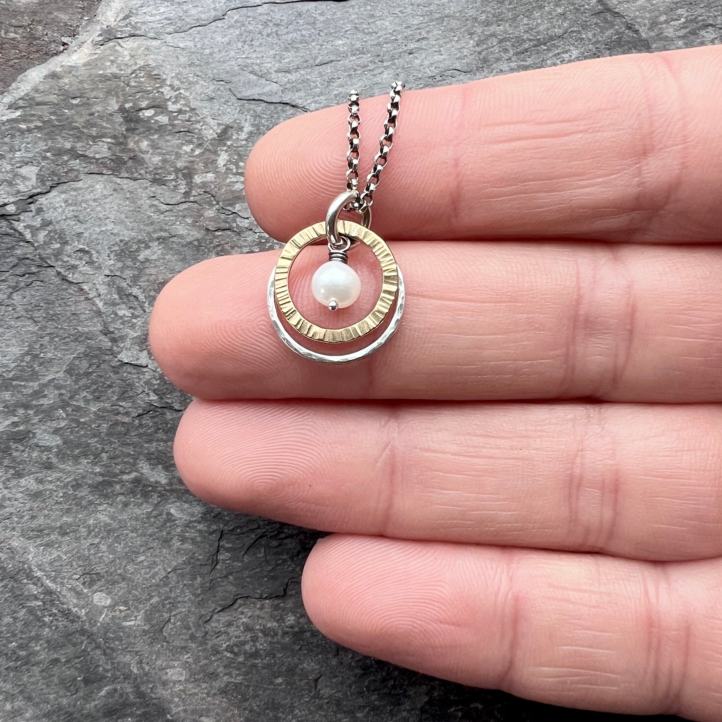 Dainty Pearl Sterling Silver Necklace | Mixed Metal White Pearl Pendant