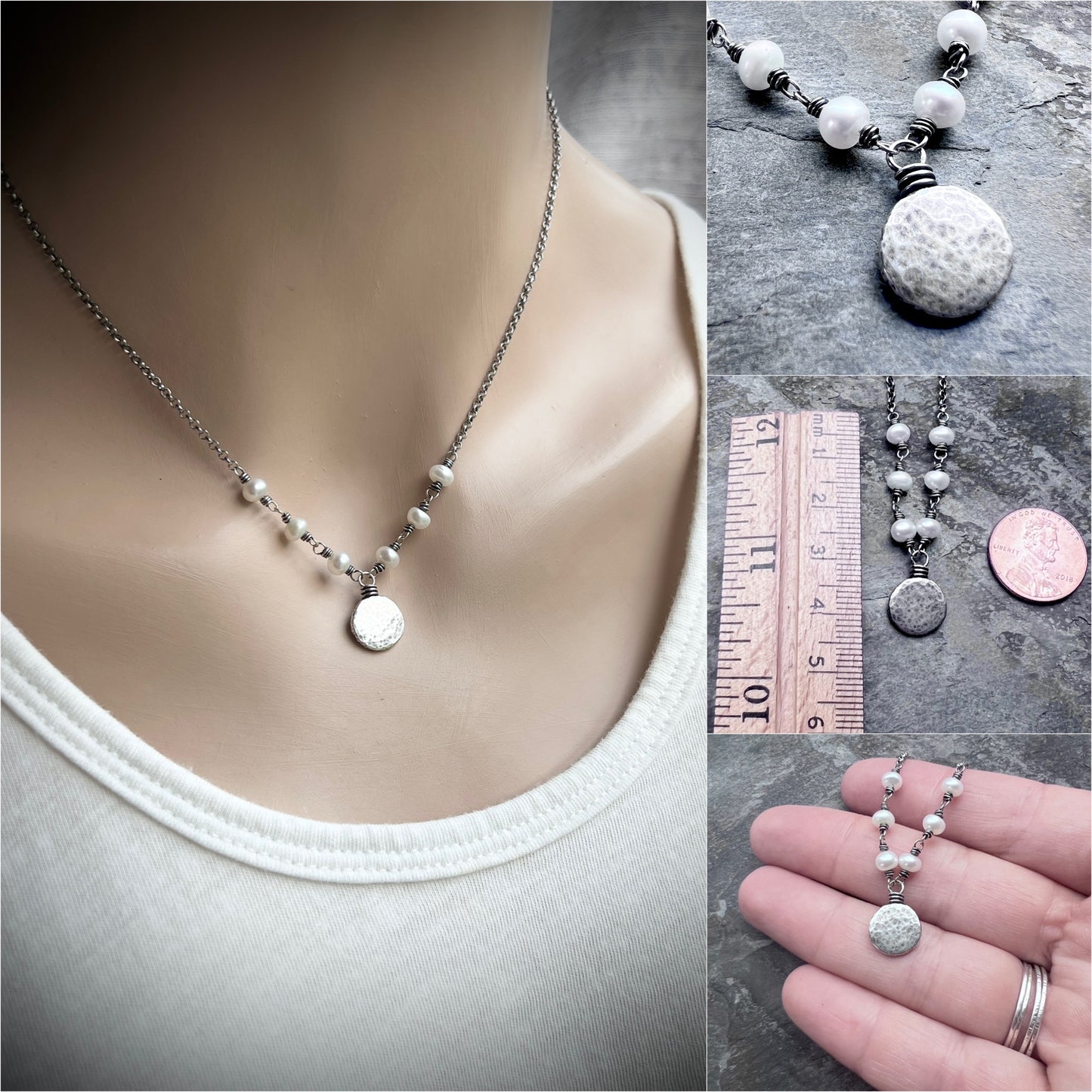 Sterling Silver Pearl Necklace | Wire-wrapped Pearls with Hammered Silver Pebble Pendant