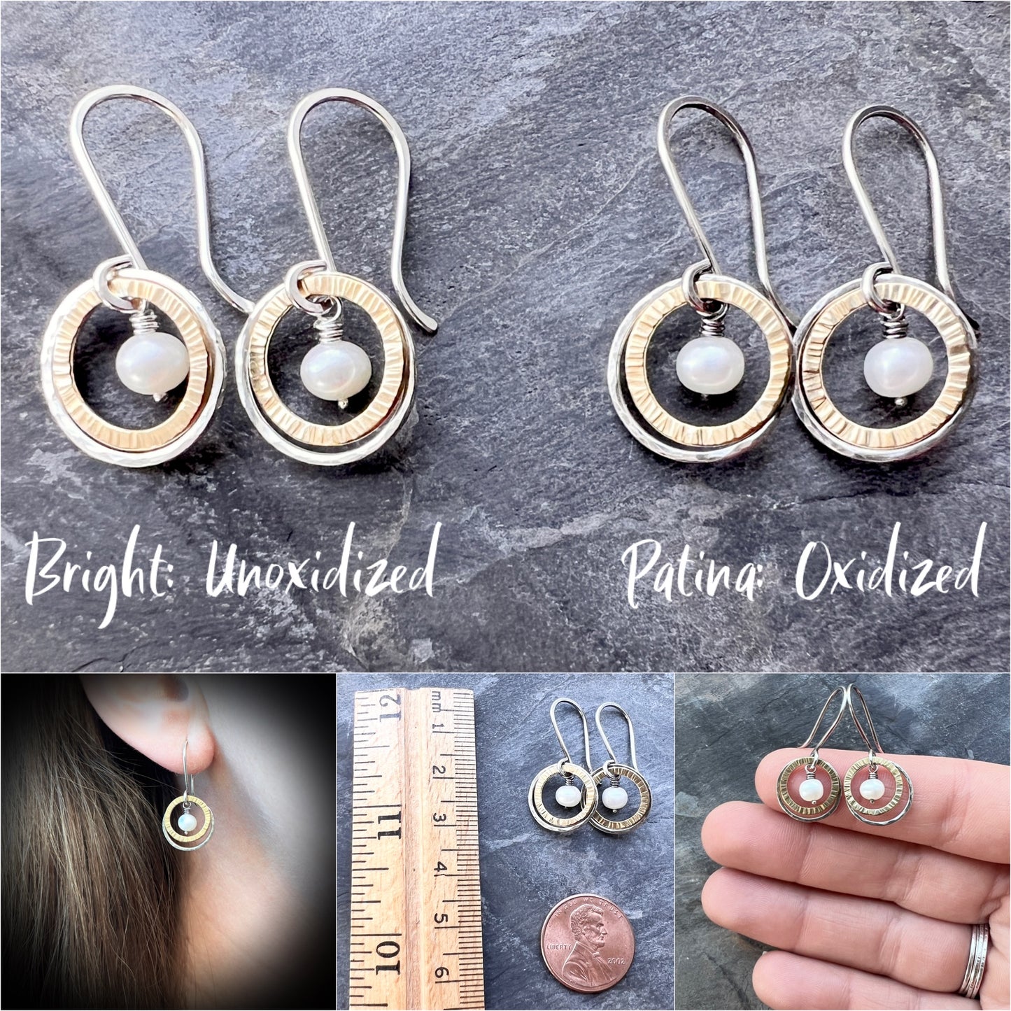 Sterling Silver Mixed Metal Pearl Earrings - Genuine Pearls in Hammered Silver and Brass Dangle Earrings