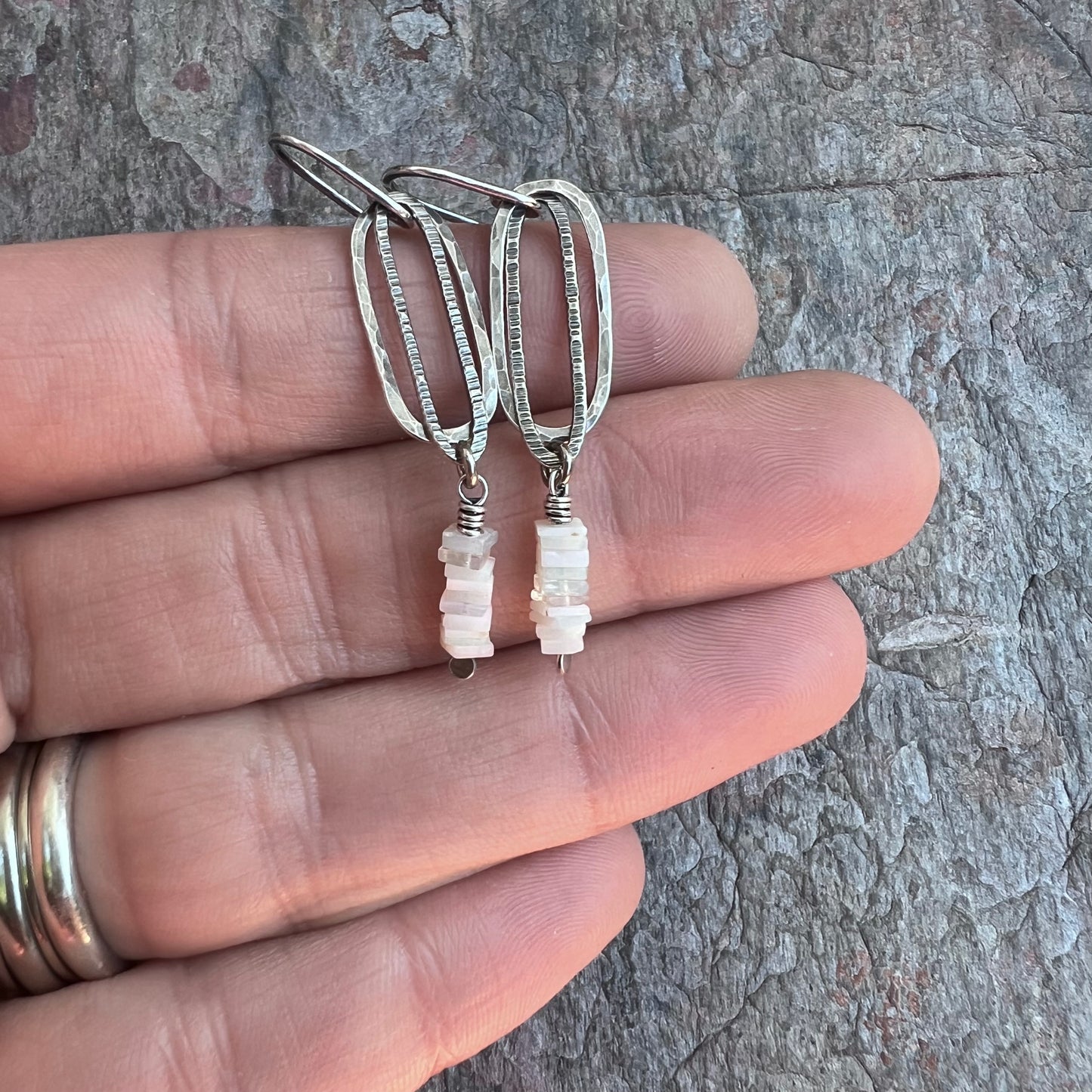 Genuine Opal Sterling Silver Earrings - Natural Opal on Elongated Hammered Dangles