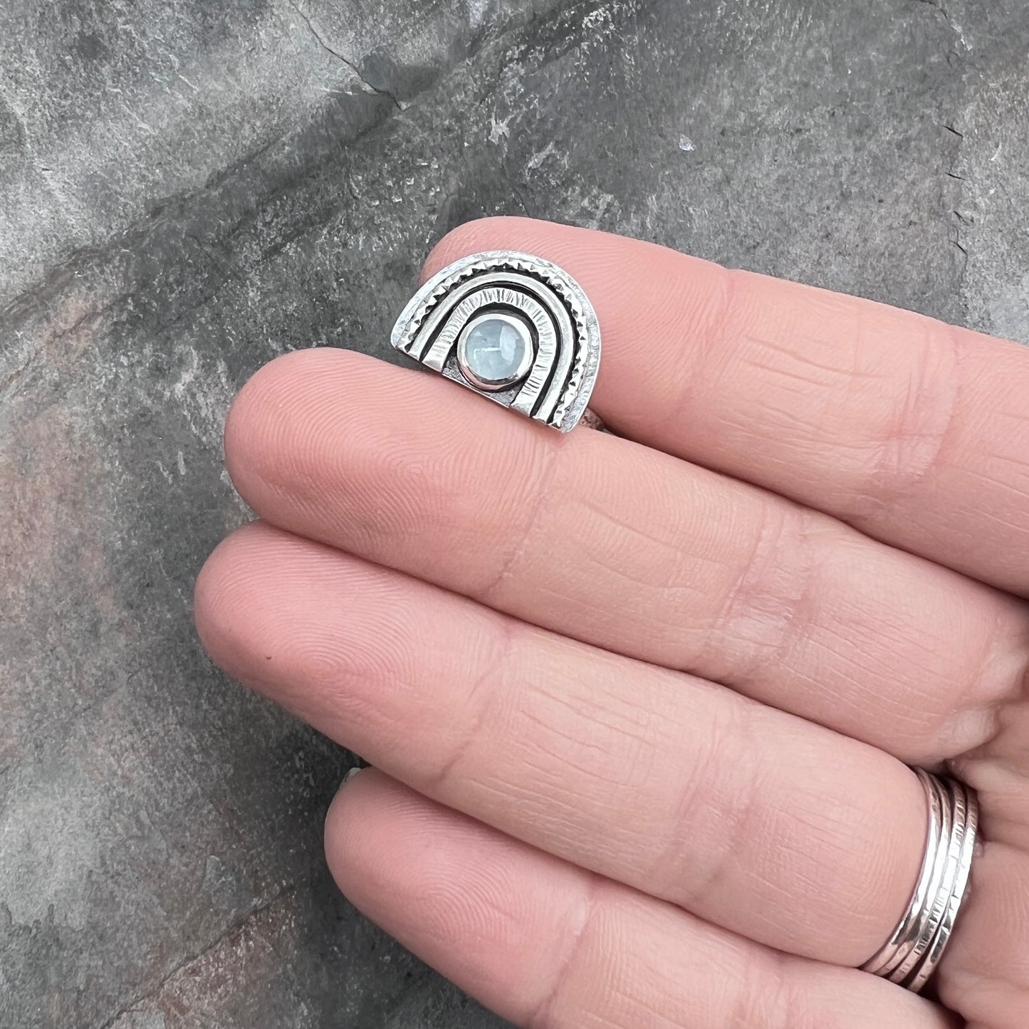 Genuine Aquamarine Sterling Silver Ring | Light Blue Natural Stone Arch Ring