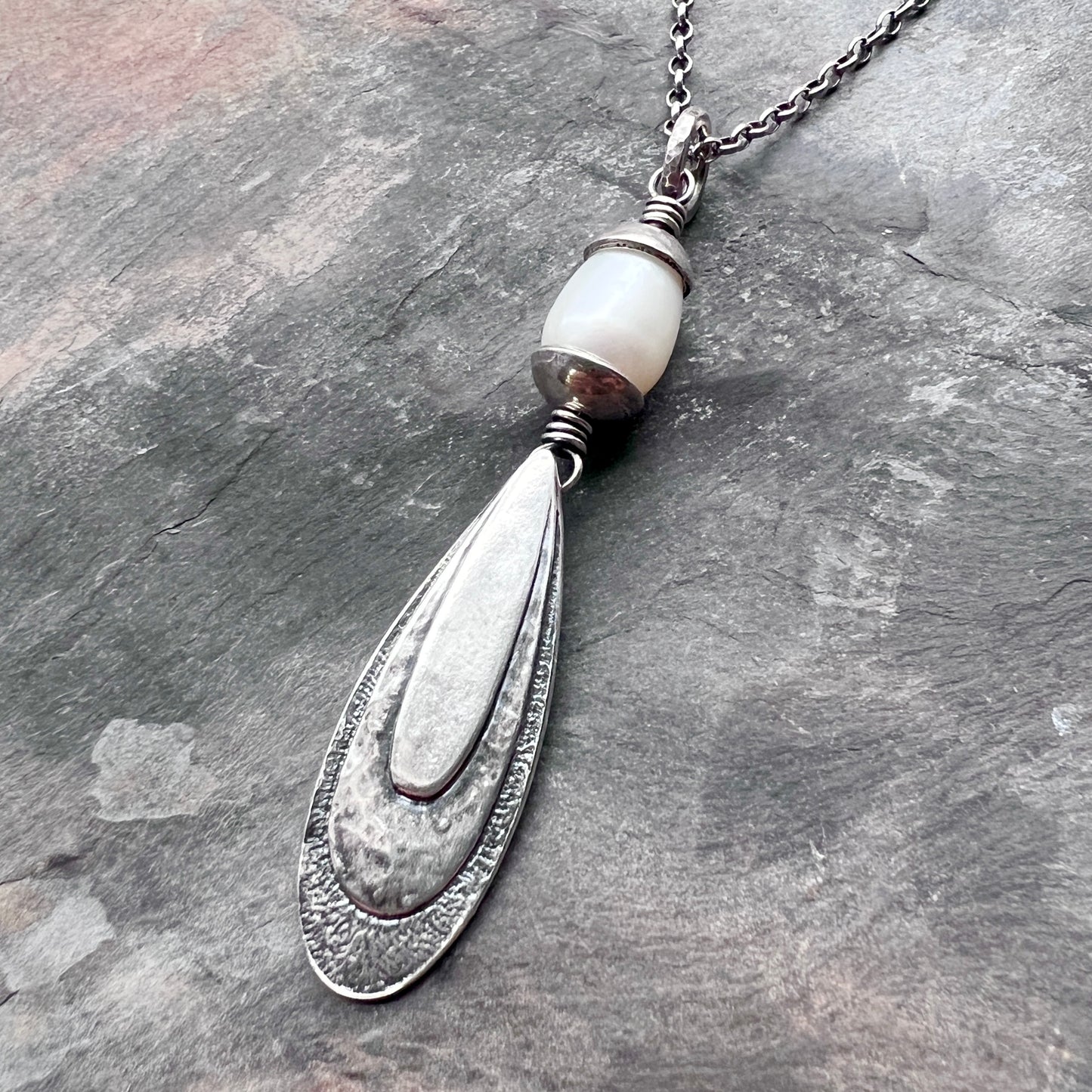 Sterling Silver Teardrop and Pearl Necklace | Hammered Teardrop and White Pearl Pendant