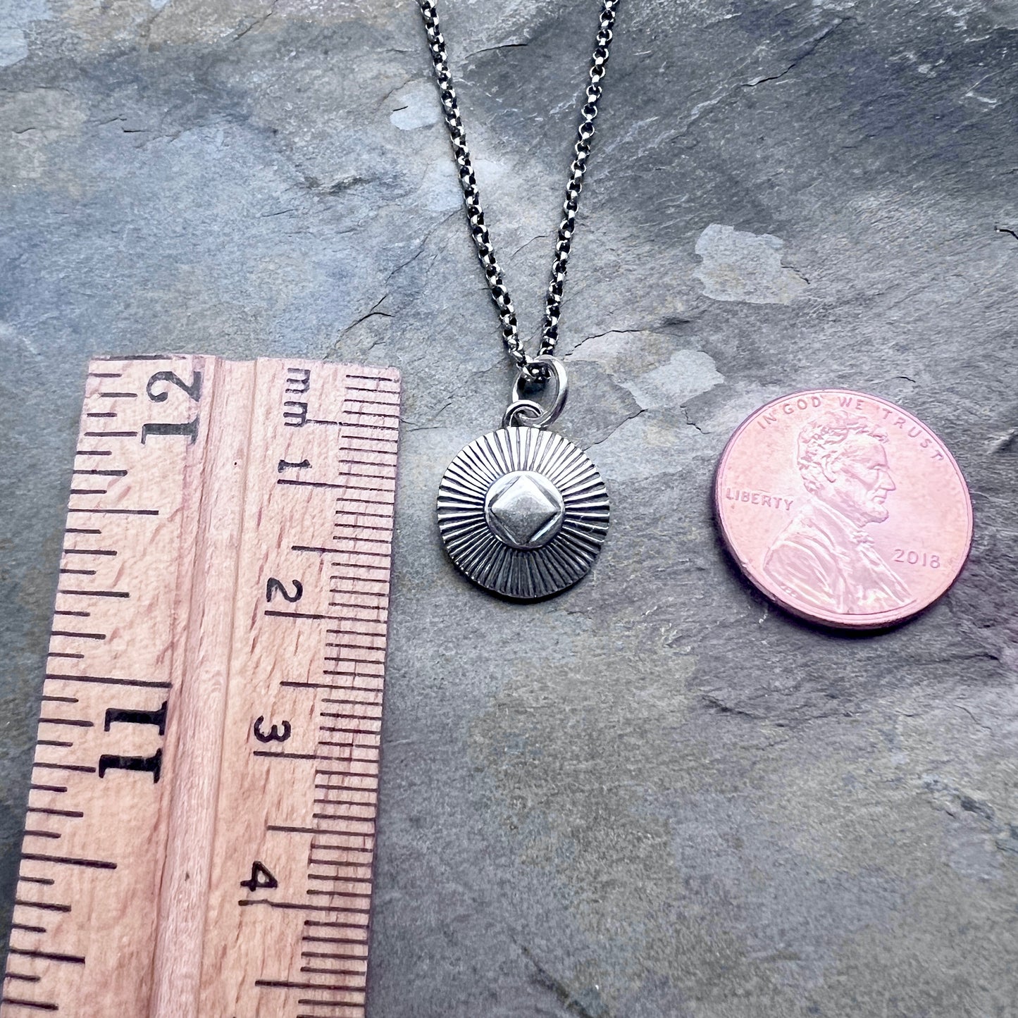Sterling Silver Diamond Circle Necklace | Small Stamped Silver Pendant on Lightweight Chain