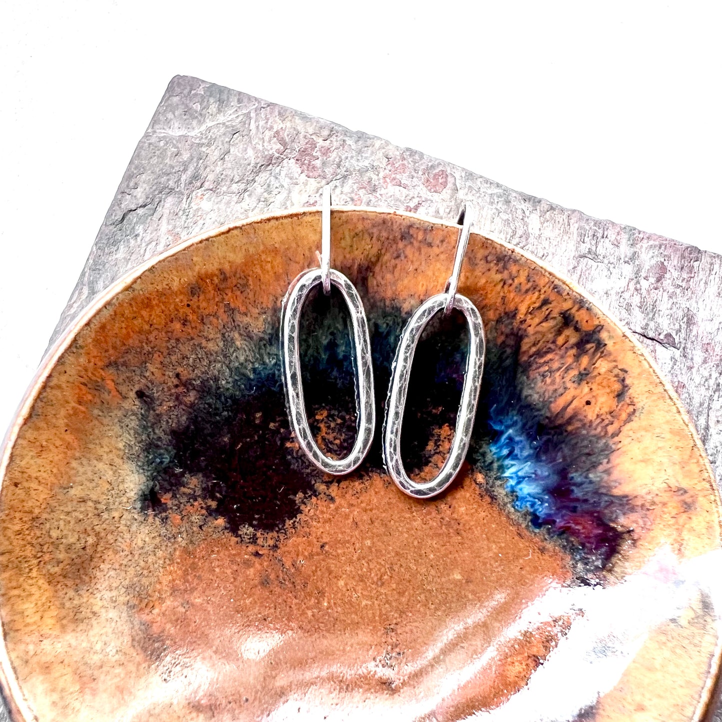 Long Link Sterling Silver Earrings Minimalist Solid Silver Hammered Dangle Drop Earrings