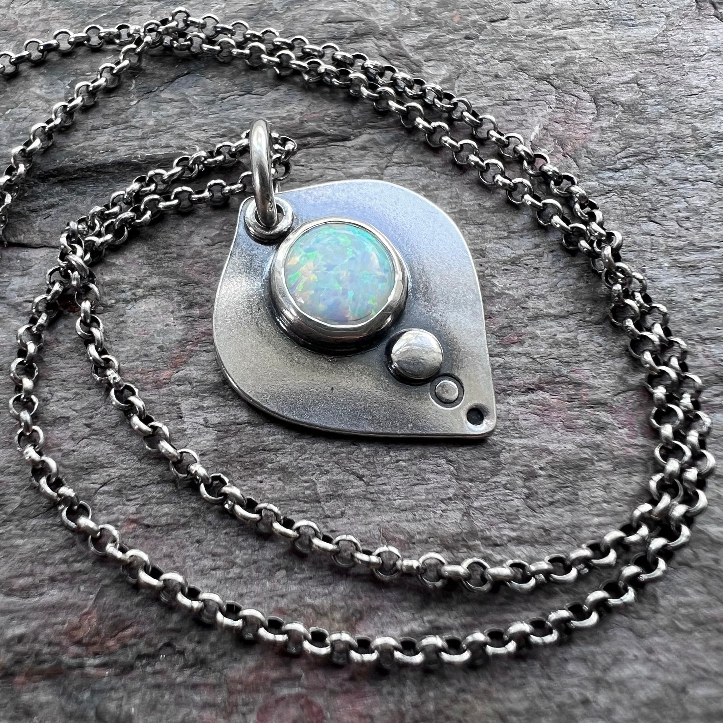 Sterling Silver Simulated Opal Necklace - Handmade Opal Petal Pendant on Sterling Silver Chain