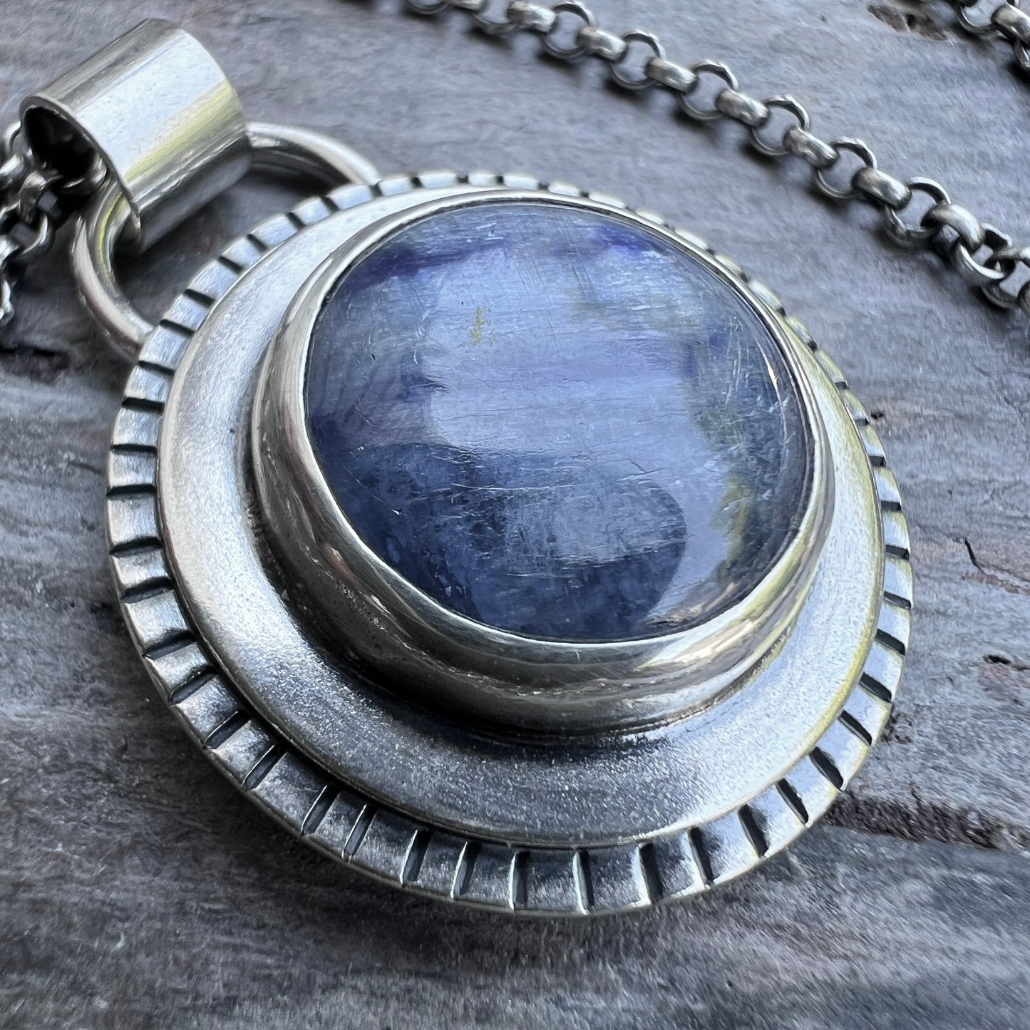Sterling Silver Kyanite Necklace | Natural Stone Round Cabochon Pendant