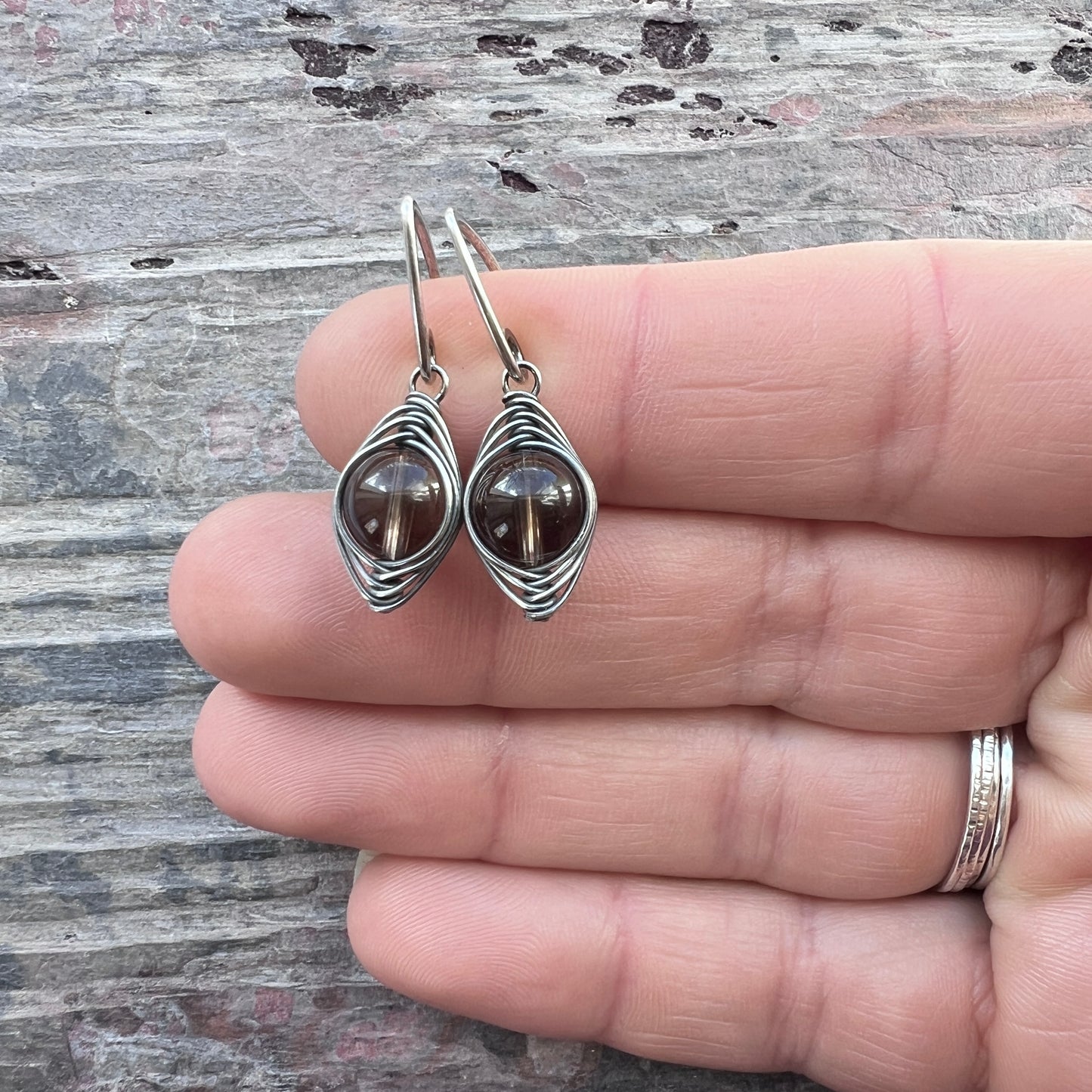 Sterling Silver Smoky Quartz Earrings | Brown Natural Stone Wire-wrapped Dangle Earrings