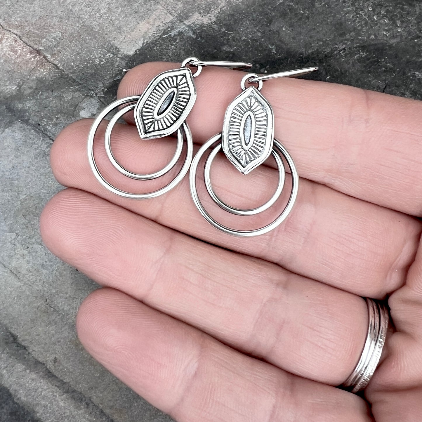 Stamped Sterling Silver Double Hoop Dangle Earrings