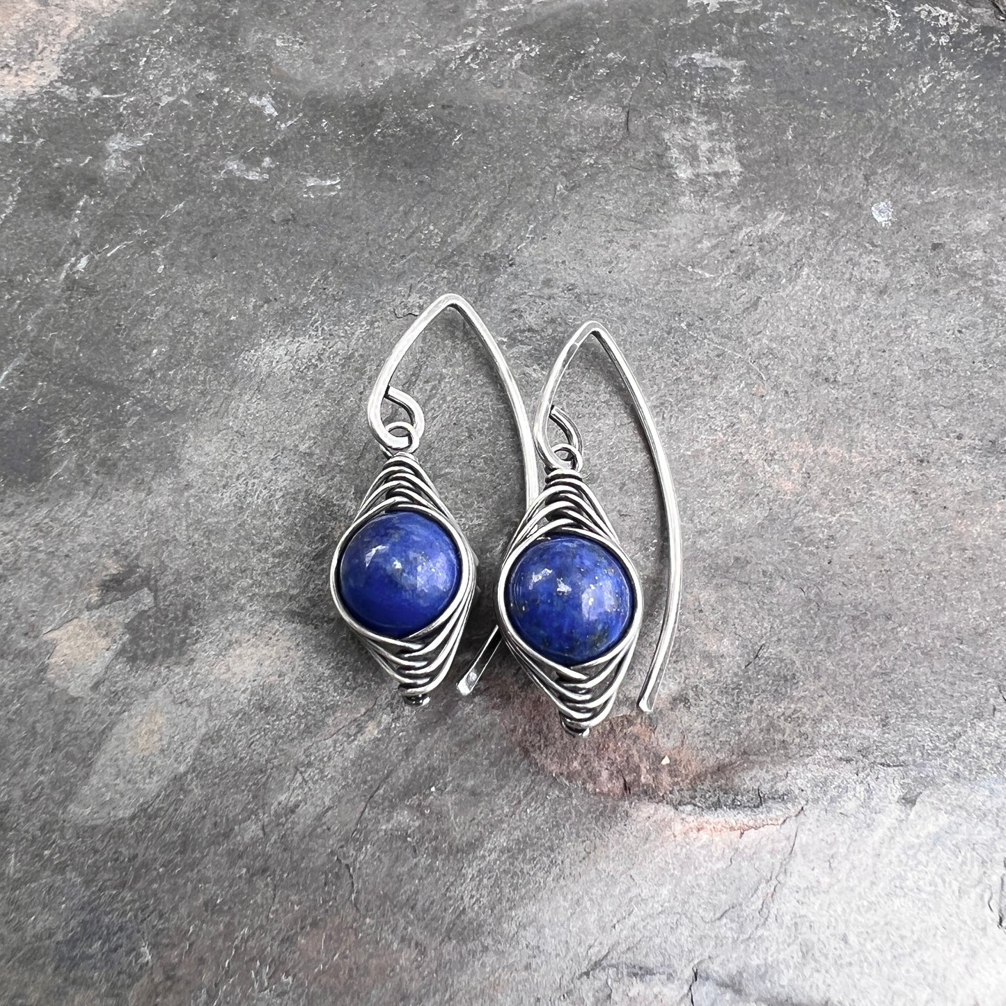 Sterling Silver Lapis Lazuli Earrings | Blue Natural Stone Wire-wrapped Dangle Earrings