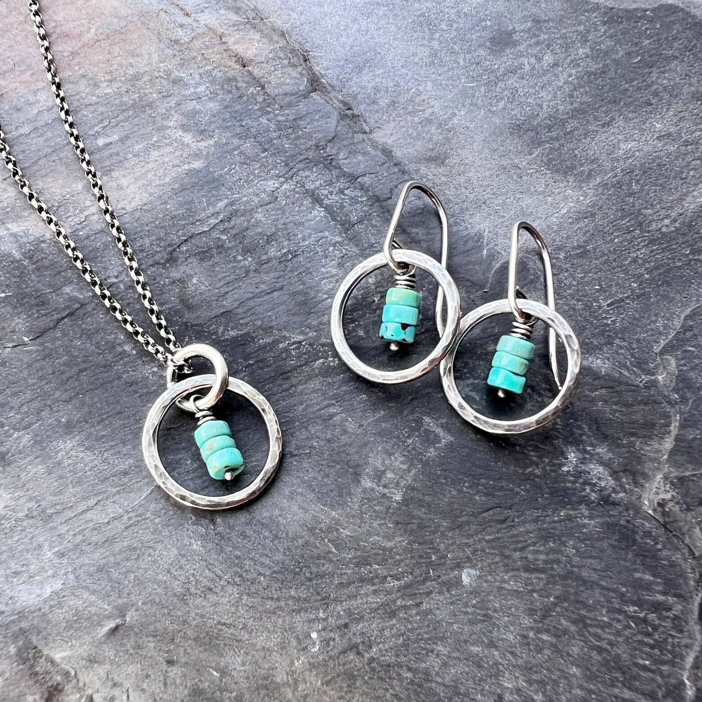 Turquoise Sterling Silver Earrings - Genuine Turquoise in Hammered Circles