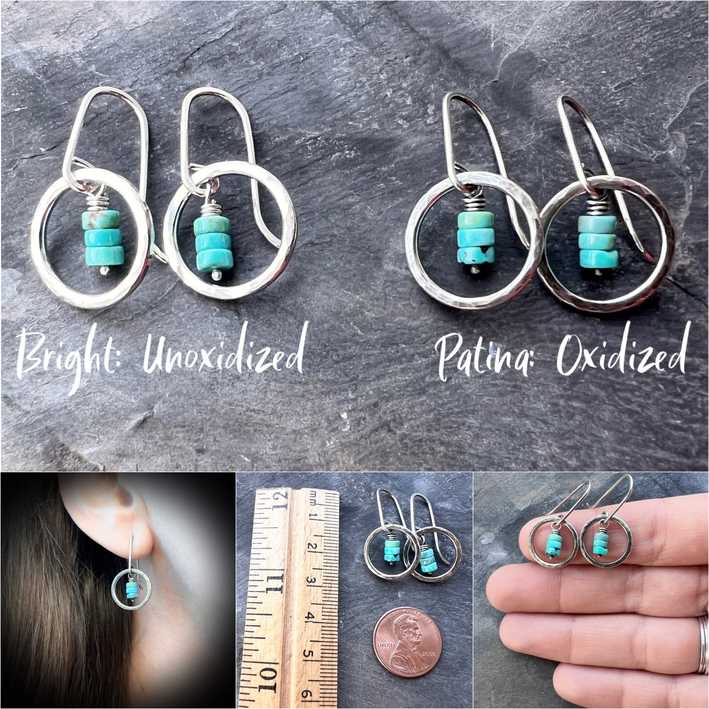 Turquoise Sterling Silver Earrings - Genuine Turquoise in Hammered Circles