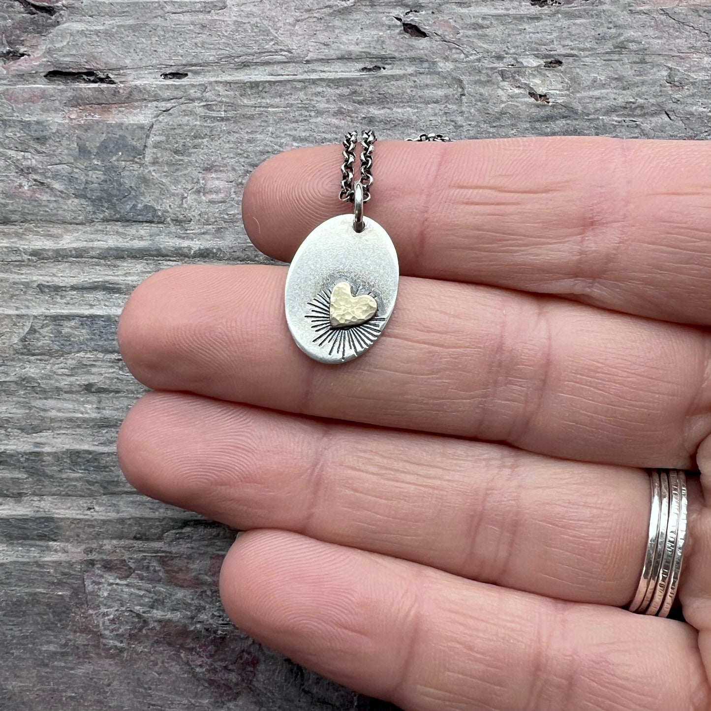 Sterling Silver and Golden Brass Heart Necklace | Handmade Mixed Metal Oval Pendant