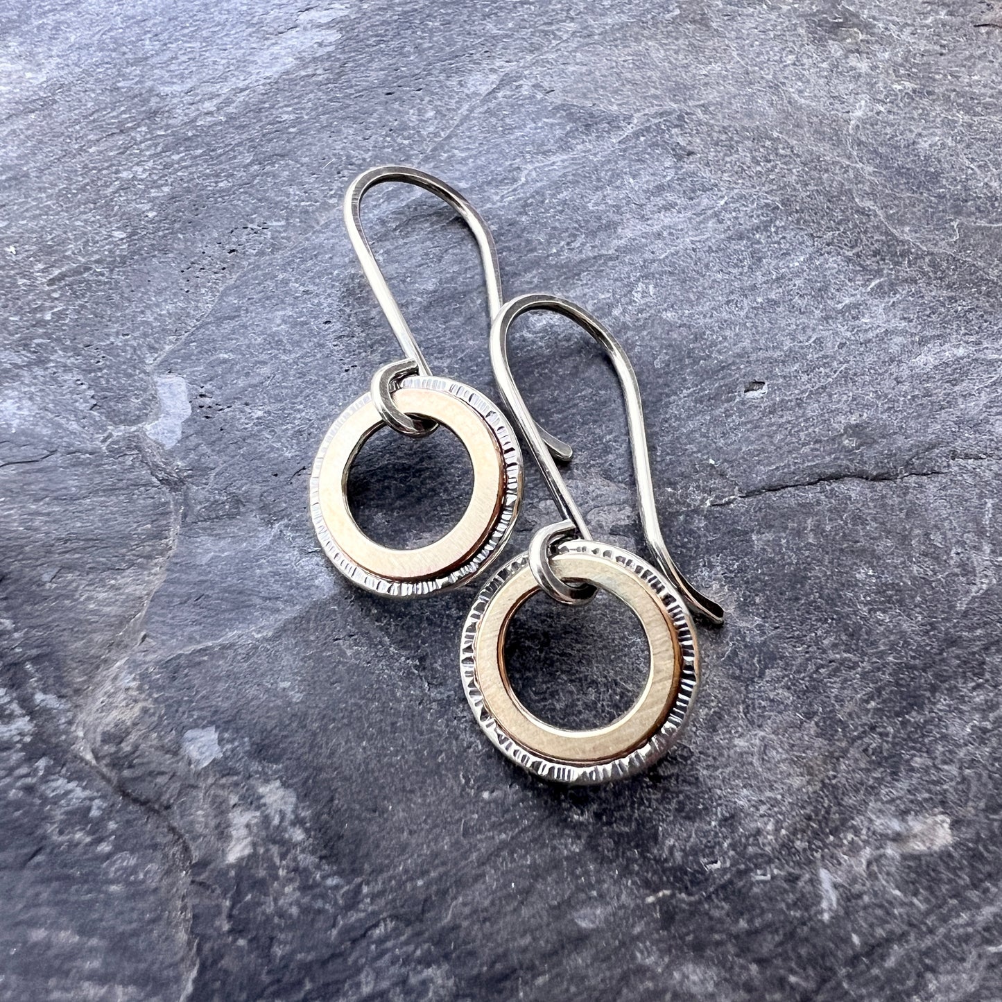 Sterling Silver and Brass Earrings | Mixed Metal Tiny Ring Dangles