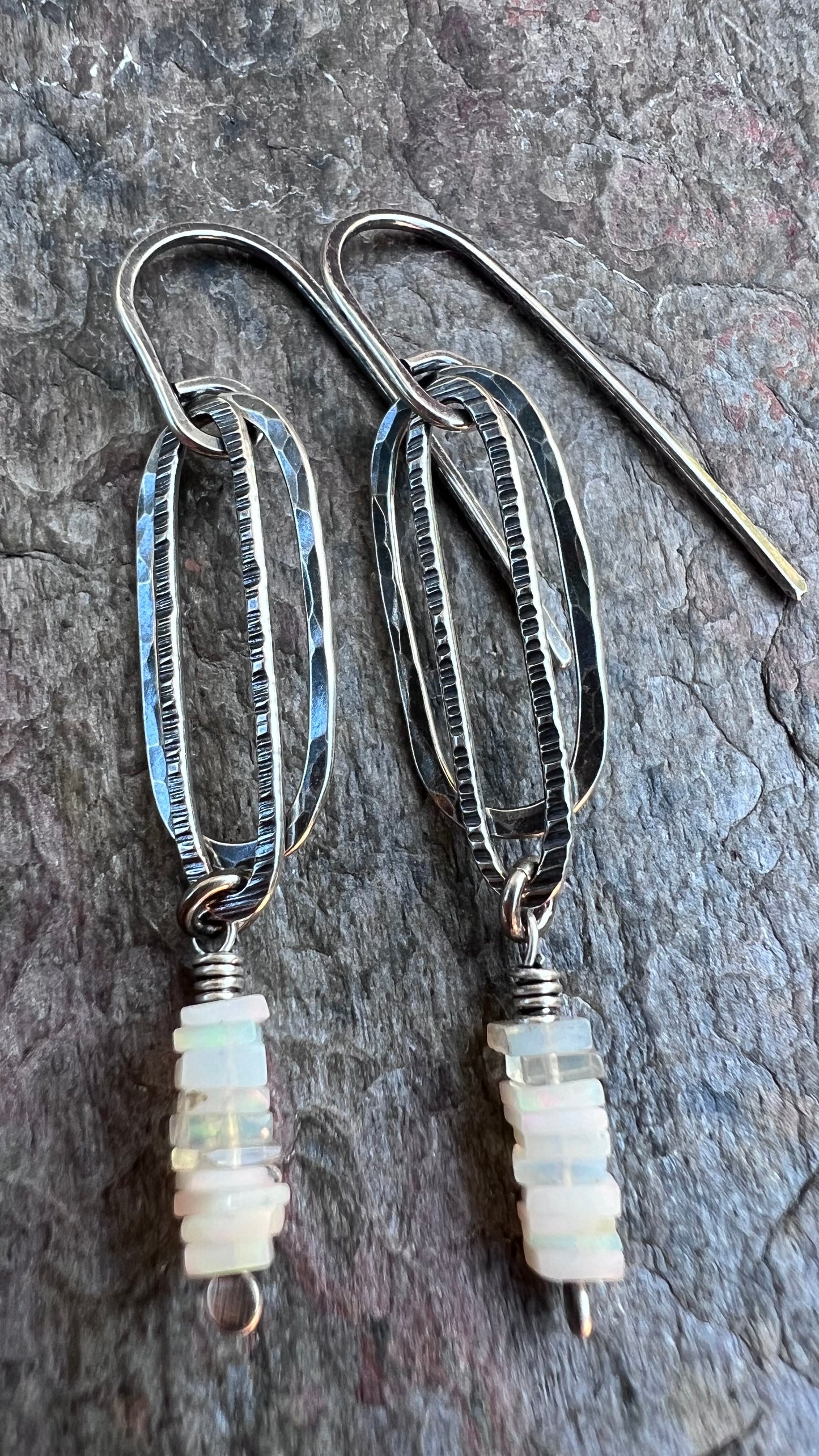 Genuine Opal Sterling Silver Earrings - Natural Opal on Elongated Hammered Dangles
