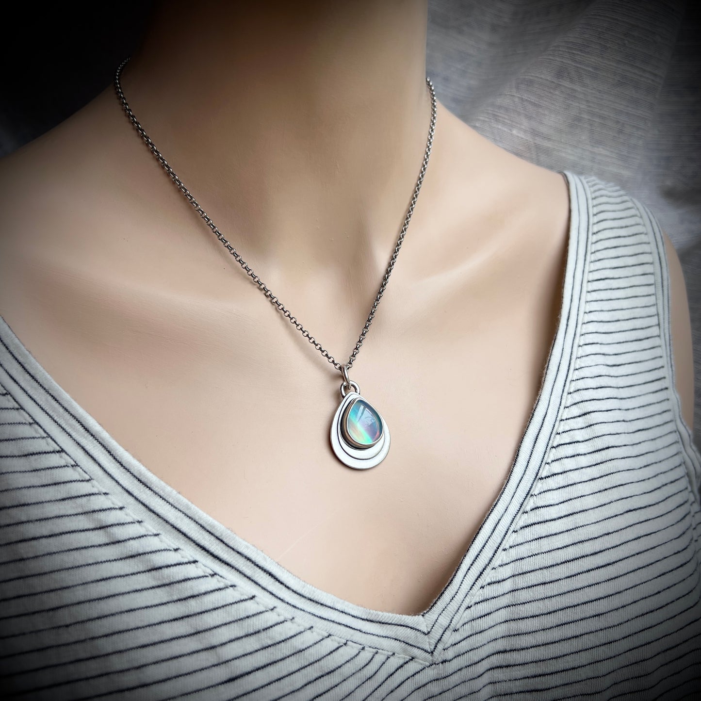 Sterling Silver Aurora Opal Teardrop Pendant Necklace -Stone 2