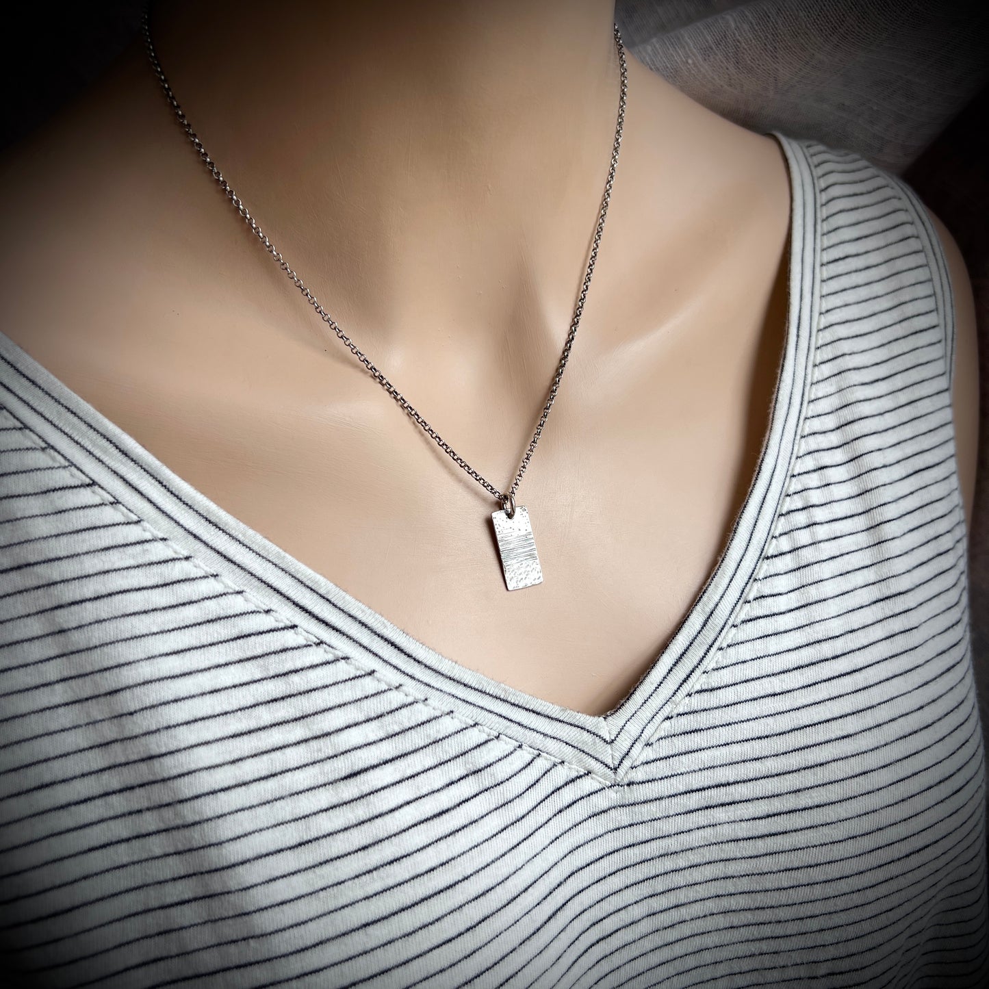 Sterling Silver Hammered Necklace | Artsy Multi Textured Rectangle Pendant