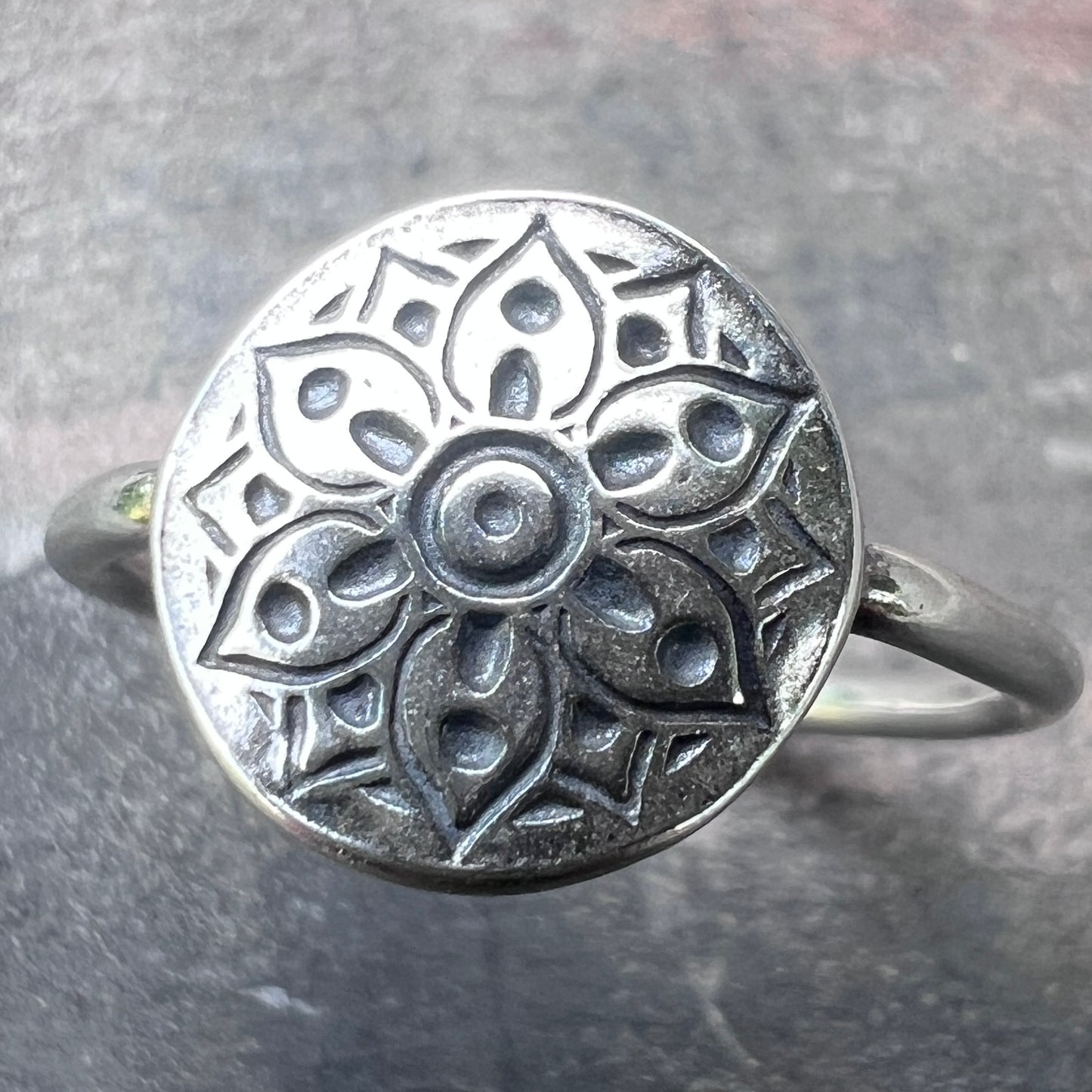 Sterling Silver Flower Medallion Ring | Stamped Silver Circle Floral Pattern Ring