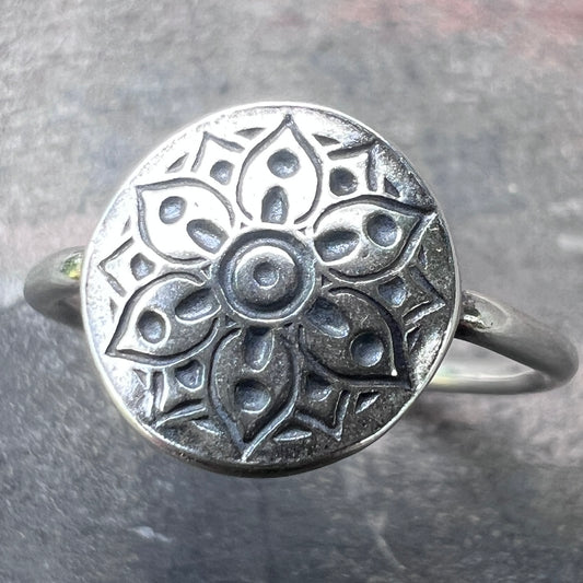 Sterling Silver Flower Medallion Ring | Stamped Silver Circle Floral Pattern Ring