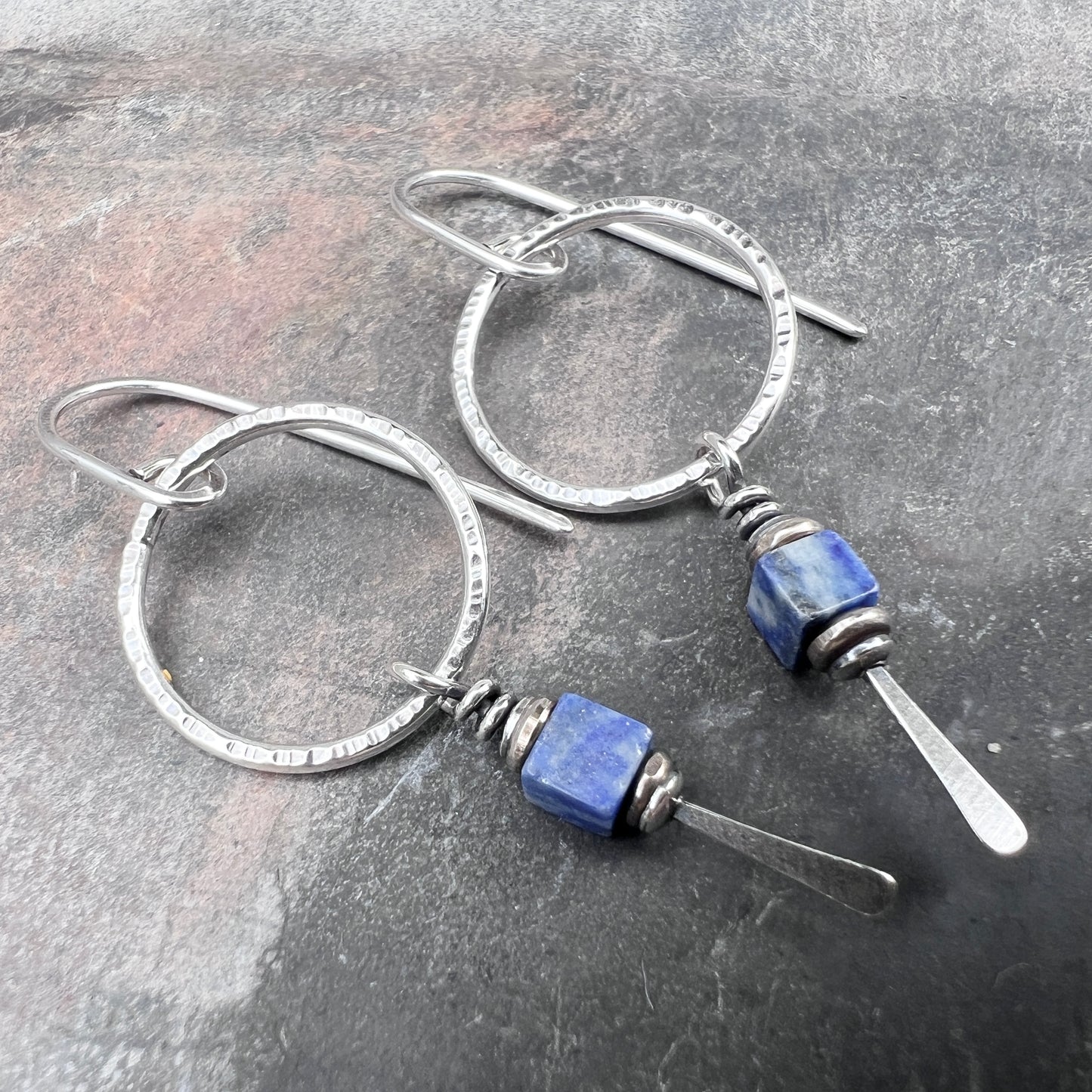 Sterling Silver Lapis Lazuli Earrings | Blue Natural Stone Dangle Hoops