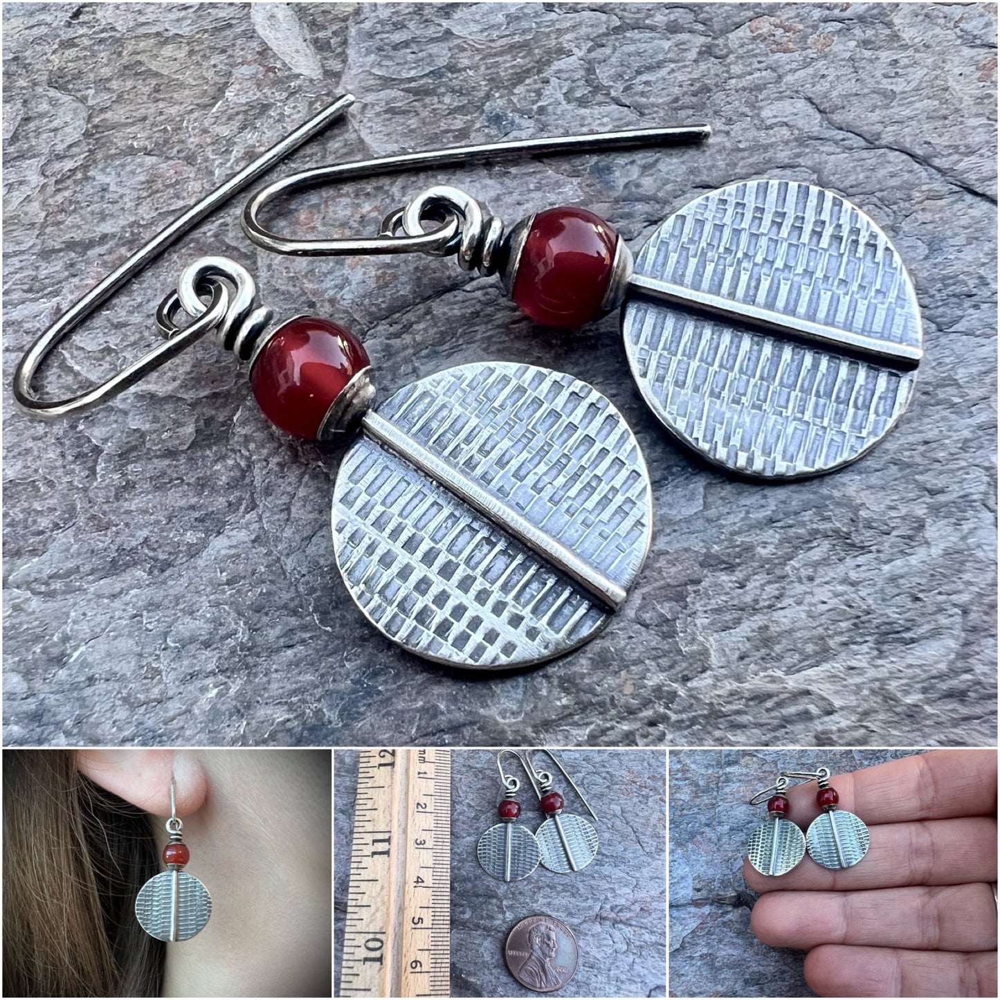 Carnelian Sterling Silver Earrings - Carnelian and Textured Sterling Silver on Handmade Earwires