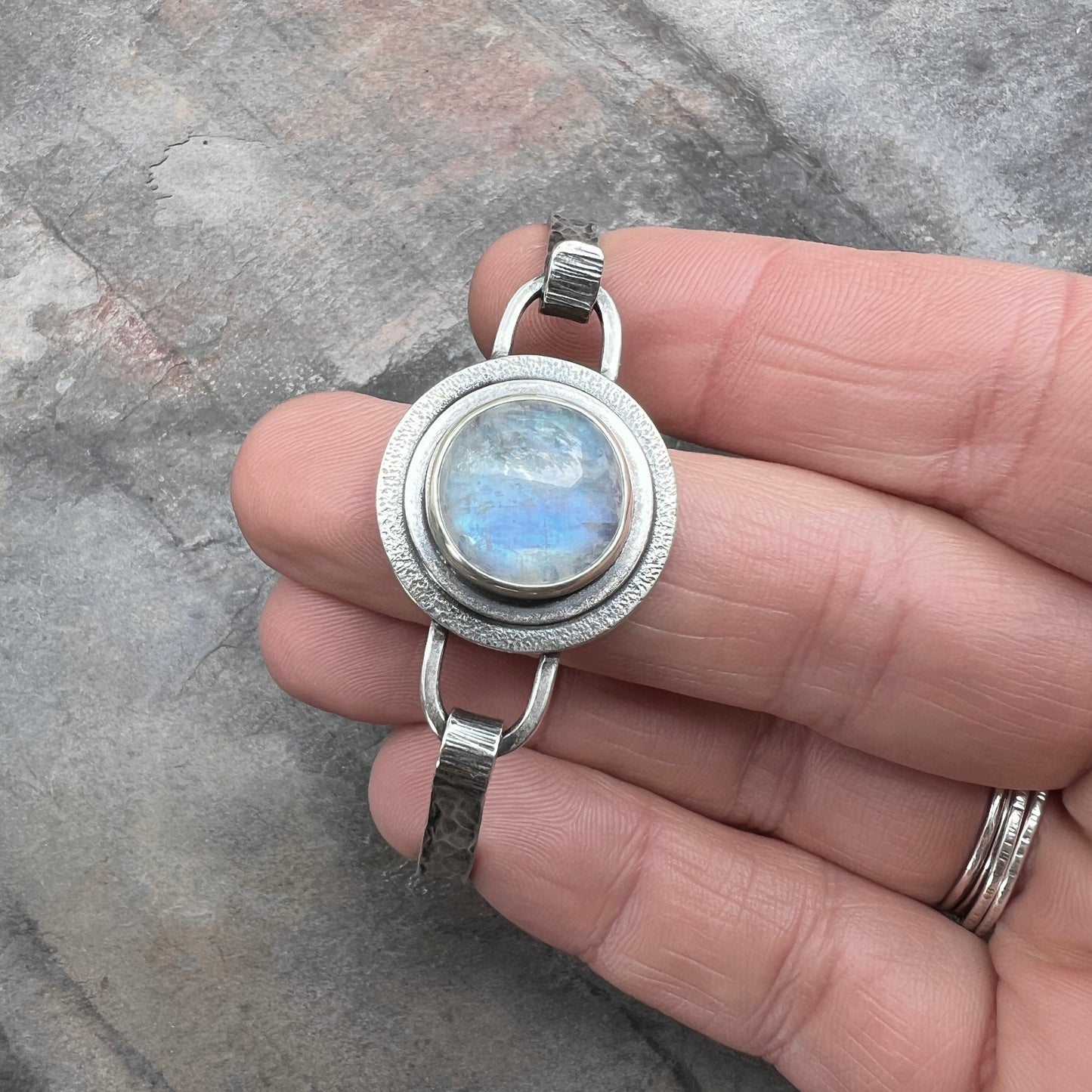 Sterling Silver Rainbow Moonstone Bracelet | Natural Stone Cabochon Silver Cuff Bracelet