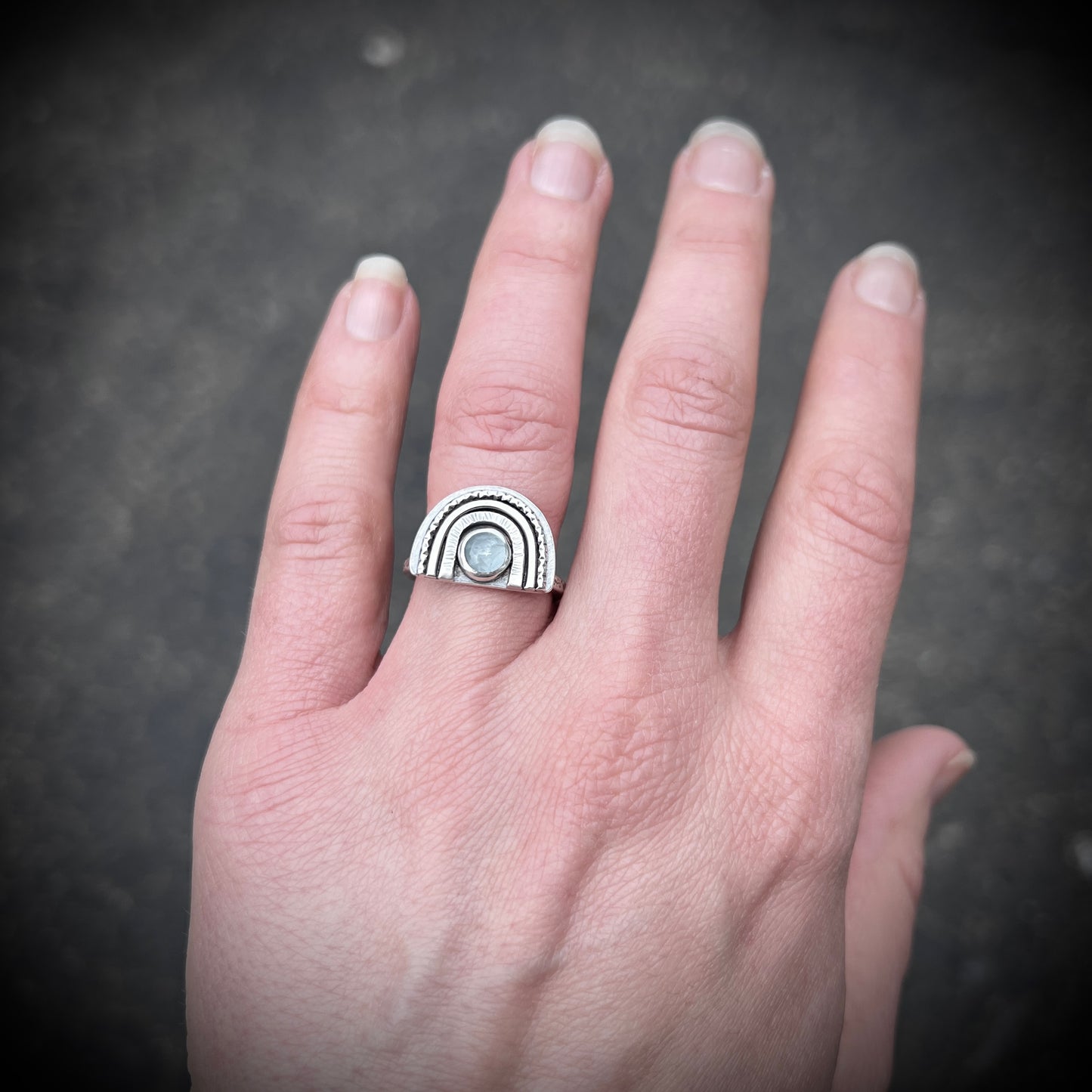 Genuine Aquamarine Sterling Silver Ring | Light Blue Natural Stone Arch Ring