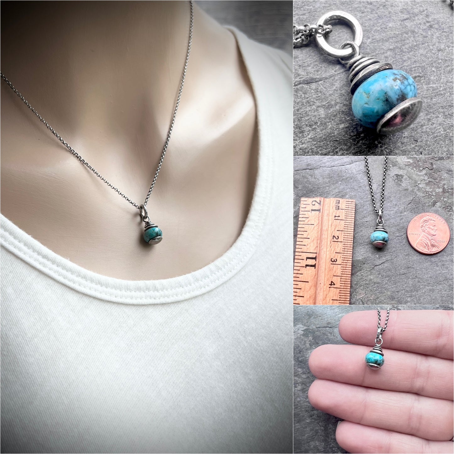Genuine Turquoise Sterling Silver Necklace | Natural Stone Pendant on Lightweight Chain