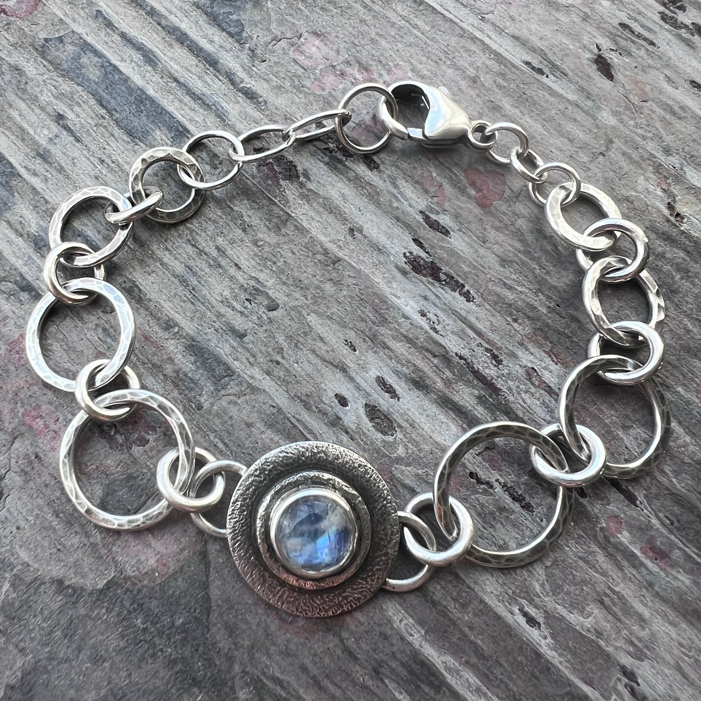 Sterling Silver Rainbow Moonstone Bracelet | Natural Stone Hammered Silver Bracelet