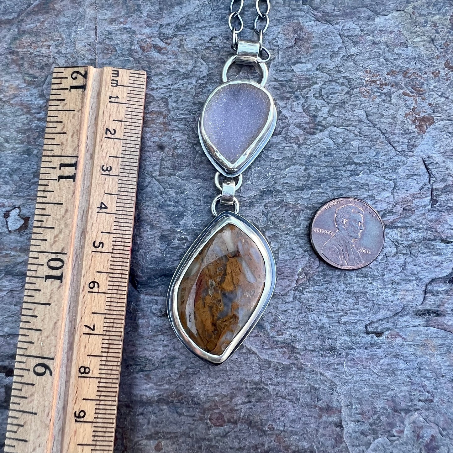 Sterling Silver Ocean Jasper and Druzy Necklace - Handmade One-of-a-kind Pendant on Sterling Silver Chain