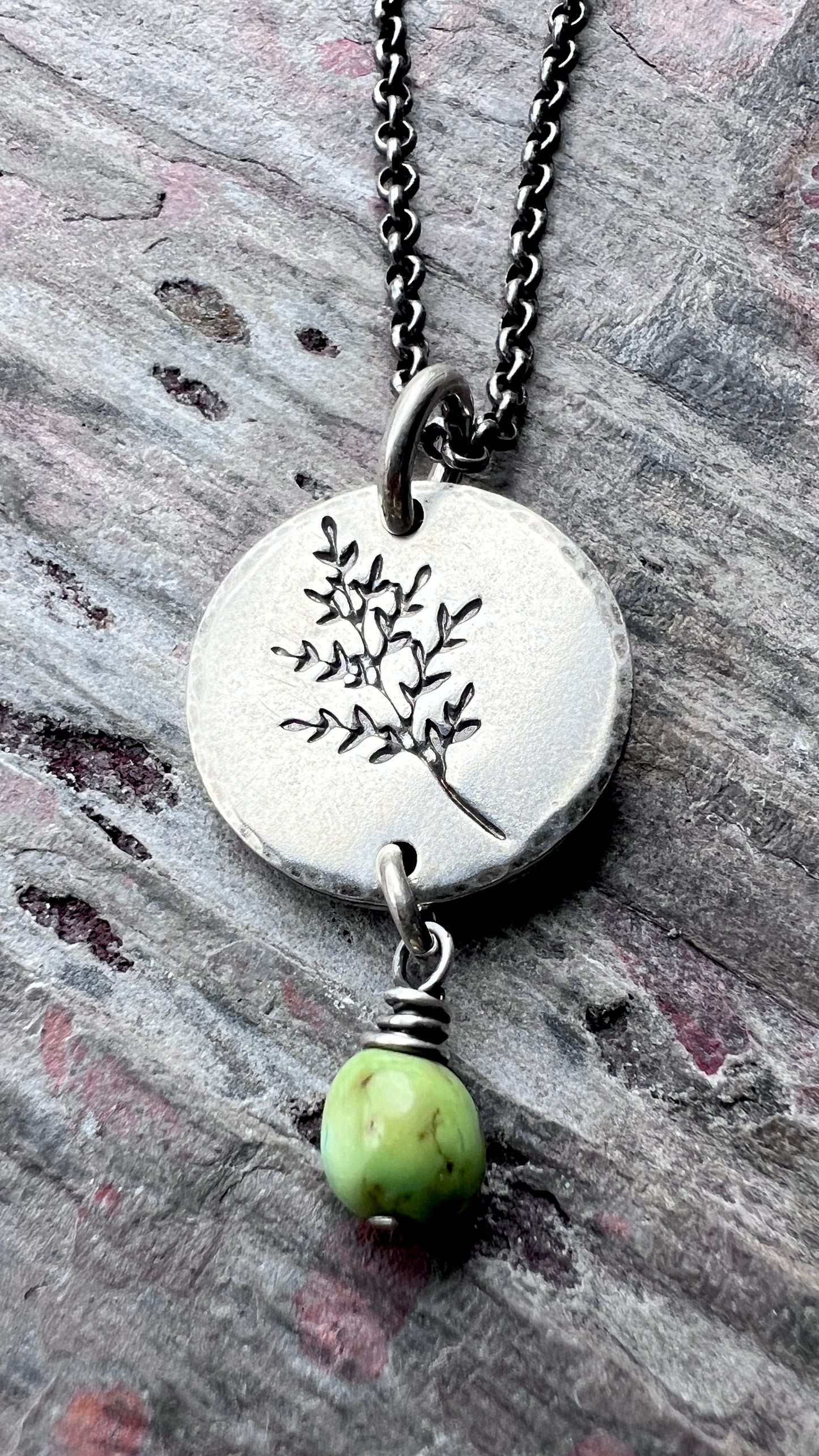 Sterling Silver Turquoise Necklace | Sprig Leaf Pendant with Genuine Turquoise Bead - Handmade Jewelry Gift for Nature Lover