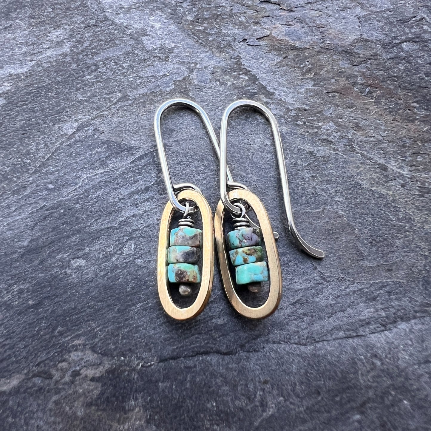Turquoise Sterling Silver Earrings | Mixed Metal Brown Matrix Turquoise Small Dangles