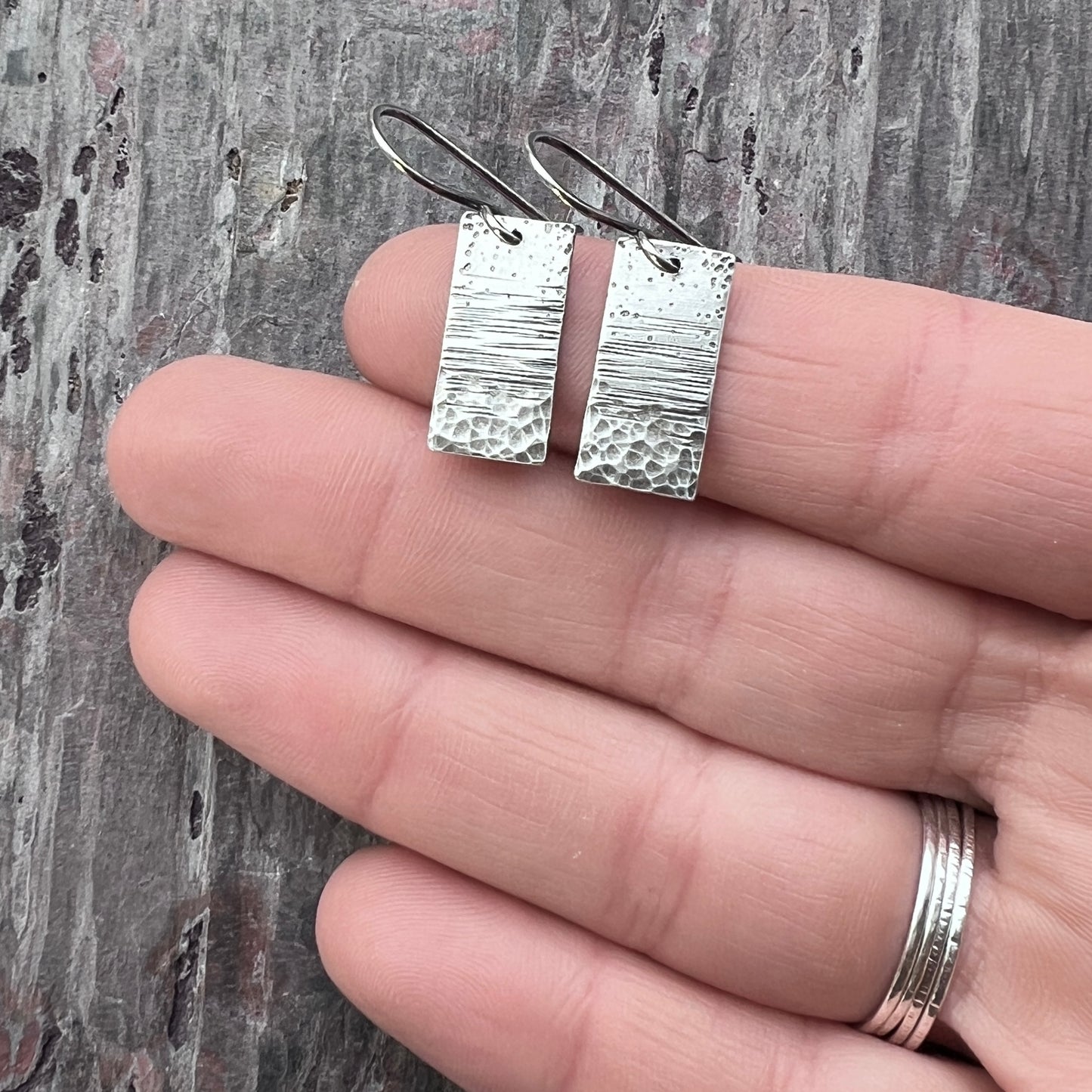 Sterling Silver Hammered Earrings | Artsy Multi Textured Rectangle Earrings