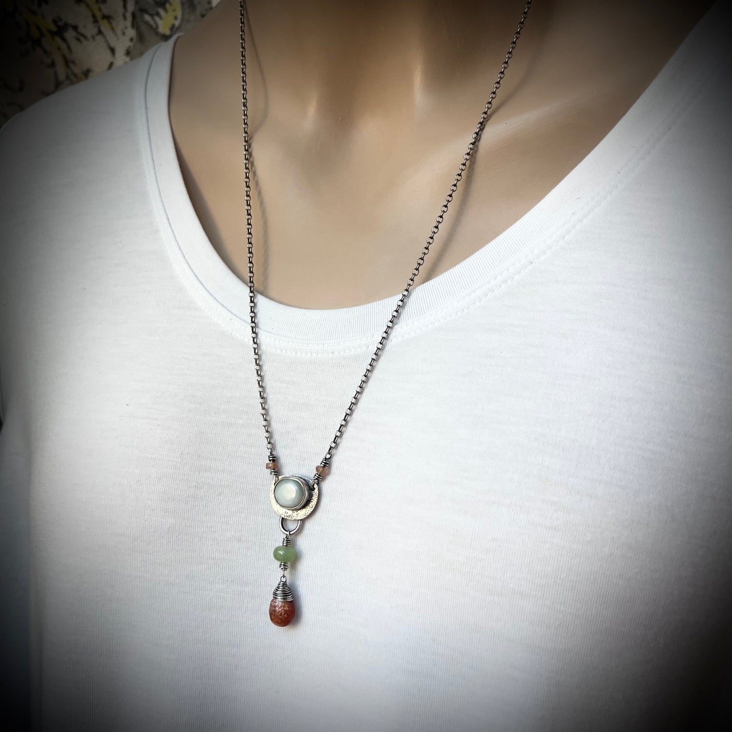 Peruvian Opal and Sunstone Sterling Silver Necklace - Handmade Pendant on Sterling Silver Chain