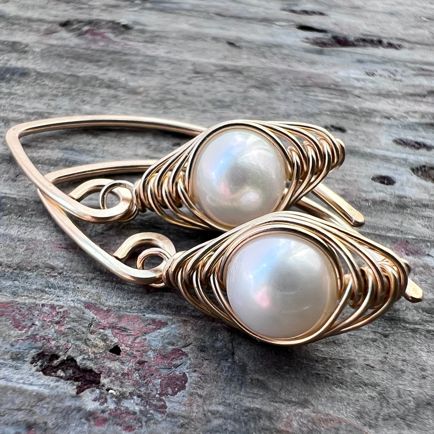 14K Goldfill Pearl Earrings | Genuine Pearl Gold Filled Wire-wrapped Dangle Earrings