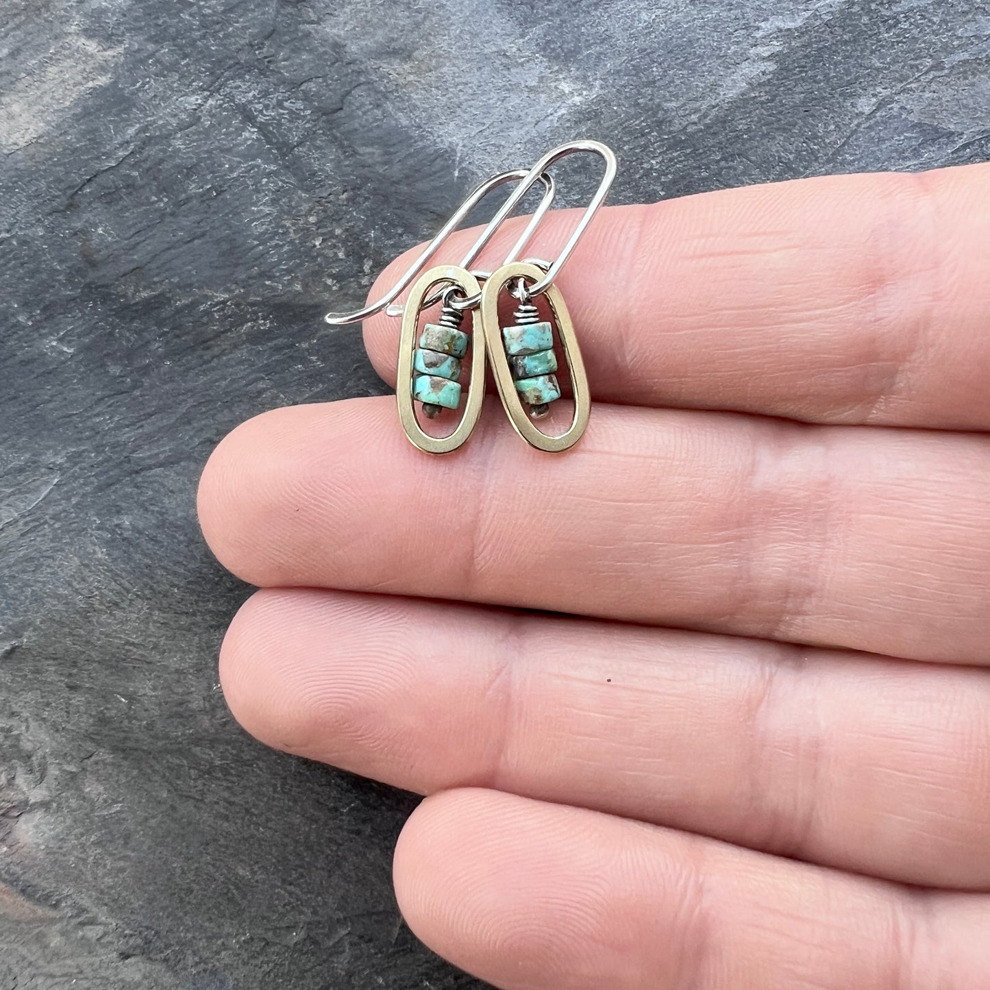 Turquoise Sterling Silver Earrings | Mixed Metal Brown Matrix Turquoise Small Dangles