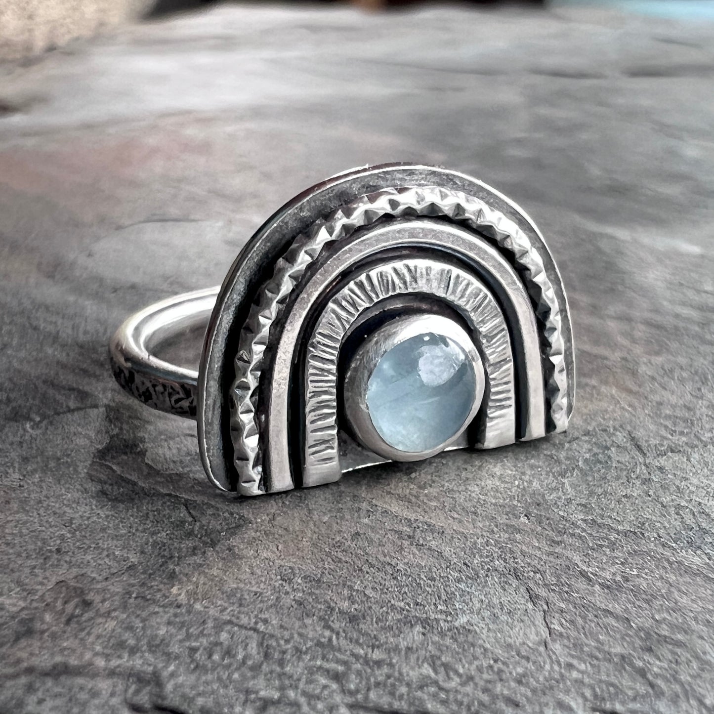Genuine Aquamarine Sterling Silver Ring | Light Blue Natural Stone Arch Ring
