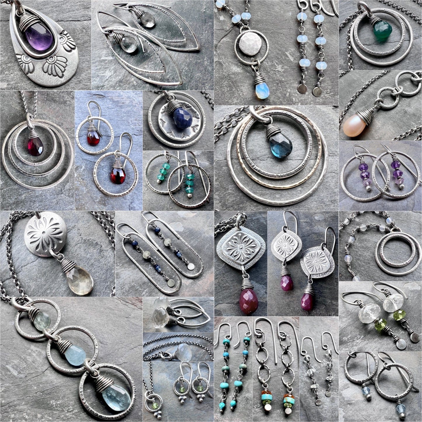 Sterling Silver Green Onyx Necklace | Emerald Green Stone in Hammered Rings Pendant