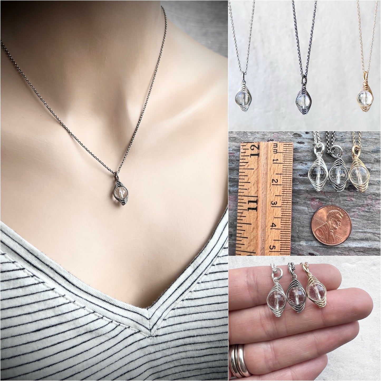 Sterling Silver Crystal Quartz Necklace | Natural Quartz Silver or Gold Pendant Dainty Necklace