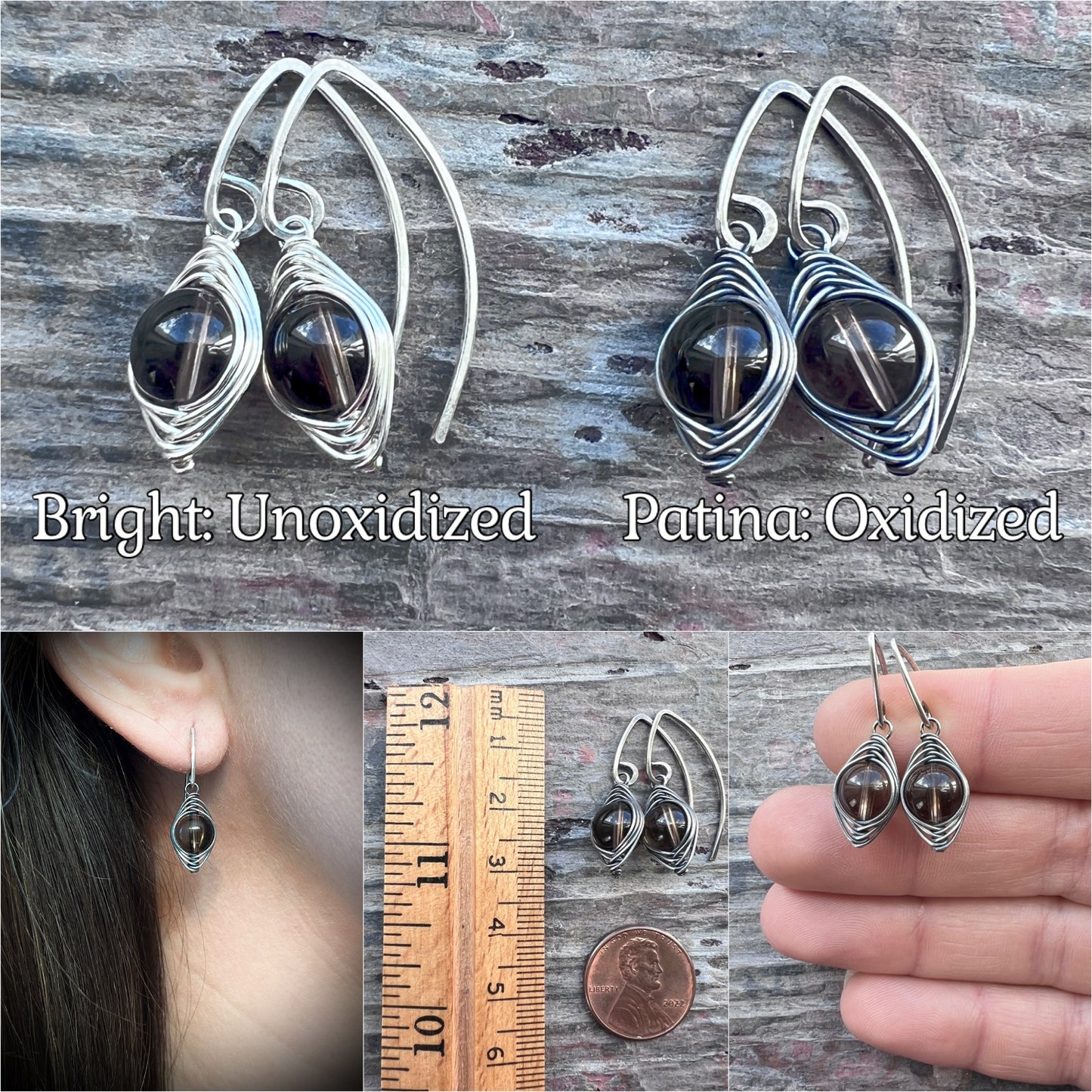 Sterling Silver Smoky Quartz Earrings | Brown Natural Stone Wire-wrapped Dangle Earrings