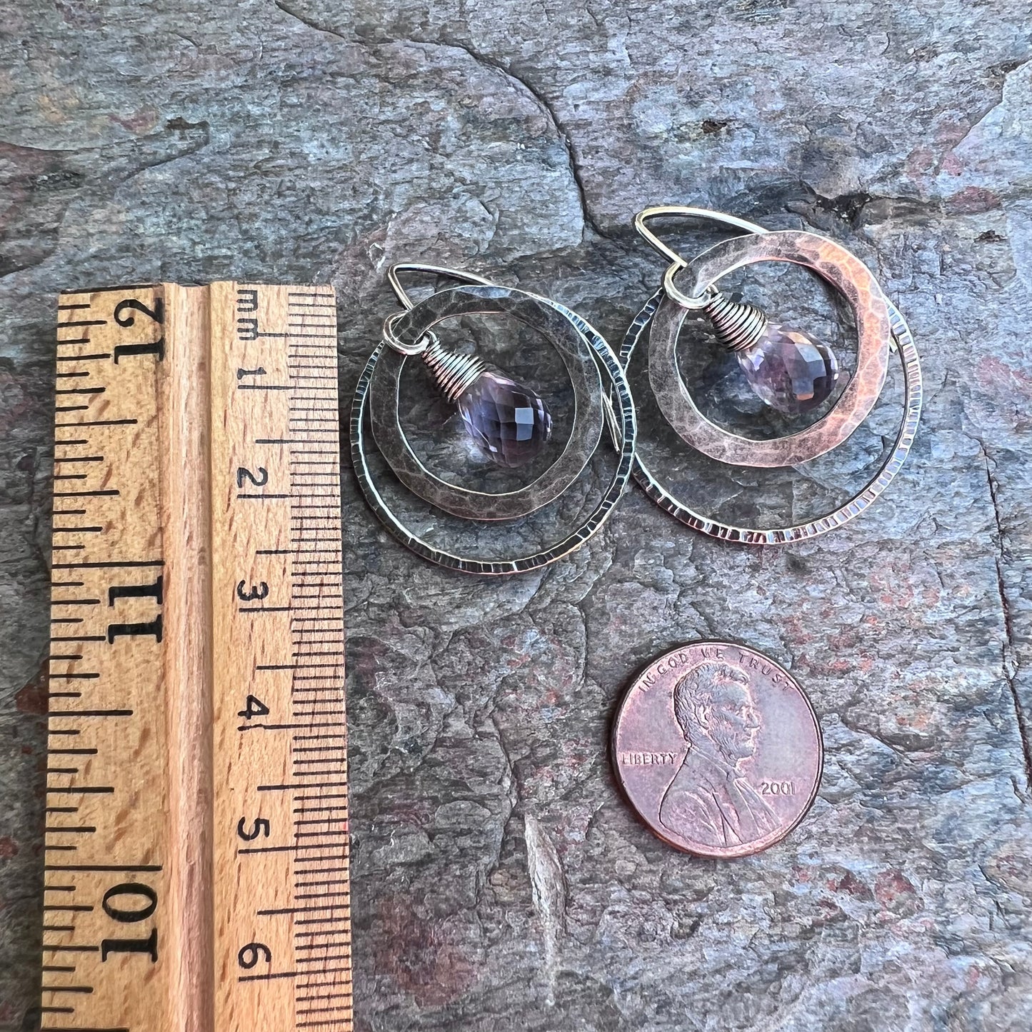 Pink Amethyst Sterling Silver Earrings - Genuine Pink Amethyst in Hammered Sterling Silver Circles