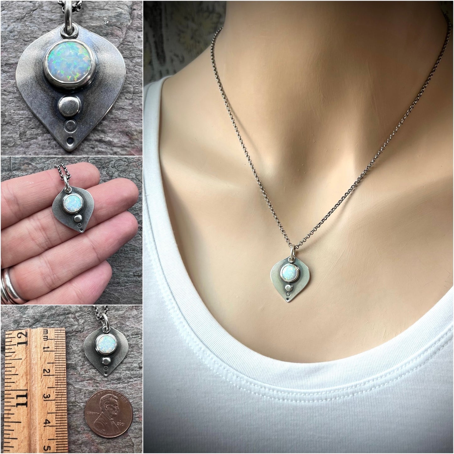 Sterling Silver Simulated Opal Necklace - Handmade Opal Petal Pendant on Sterling Silver Chain