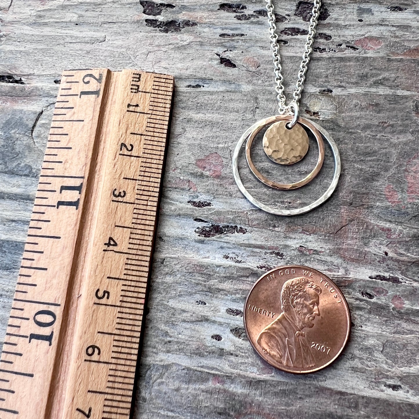 14k Goldfill and Sterling Silver Necklace | Mixed Metal Hammered Gold and Silver Circles Pendant Necklace