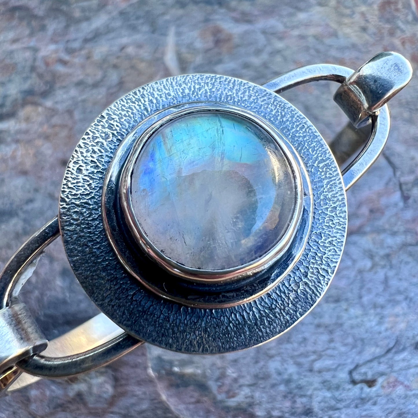 Rainbow Moonstone Sterling Silver Bracelet - Handmade One-of-a-kind Tension Cuff Bracelet
