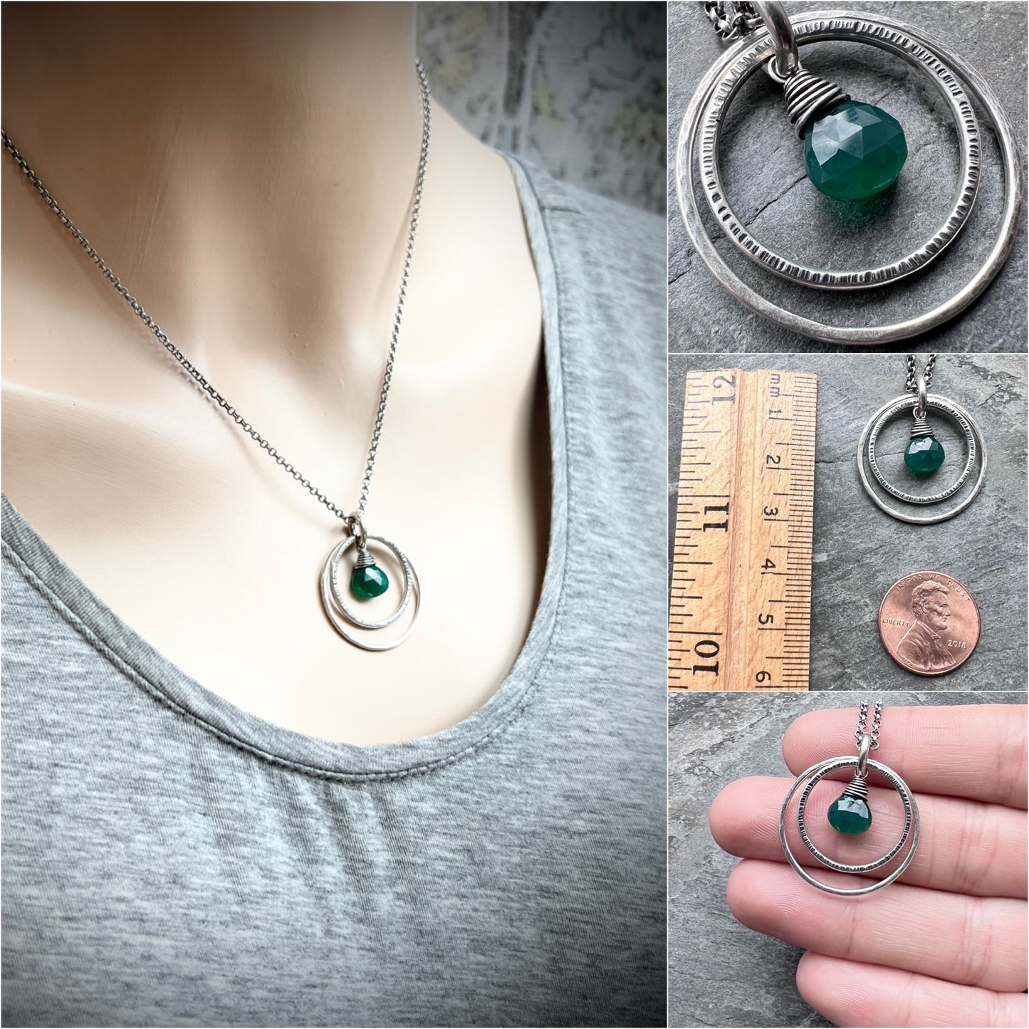 Sterling Silver Green Onyx Necklace | Emerald Green Stone in Hammered Rings Pendant